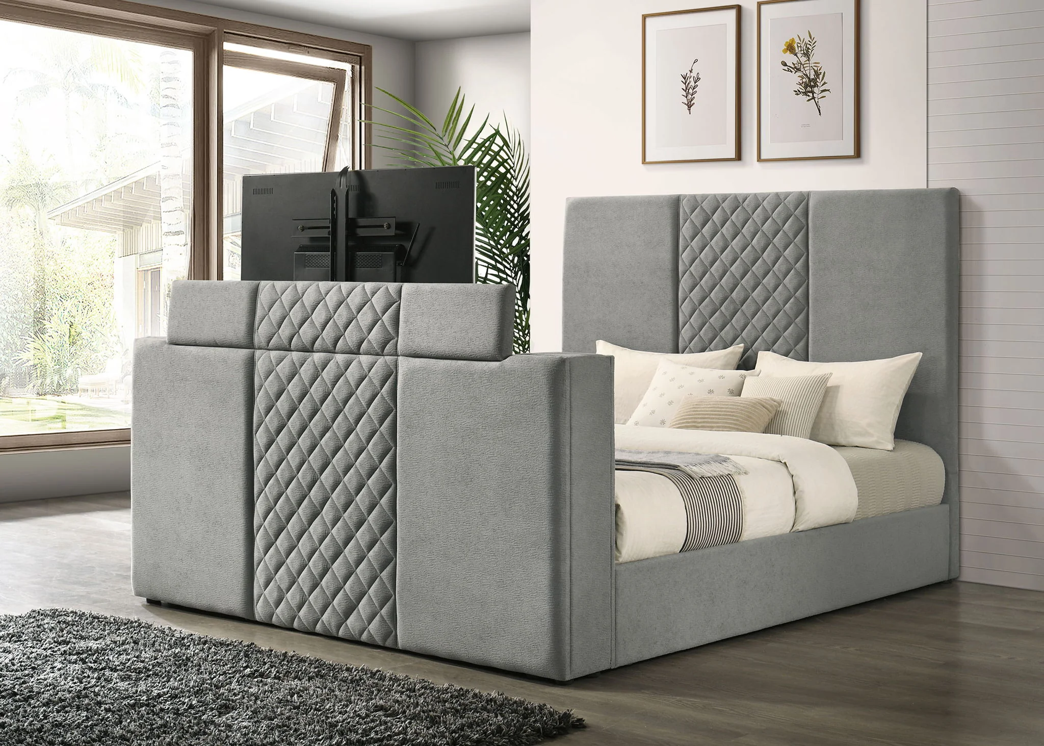 Tara 61-inch Upholstered Eastern King Panel TV Bed Grey - Image 3