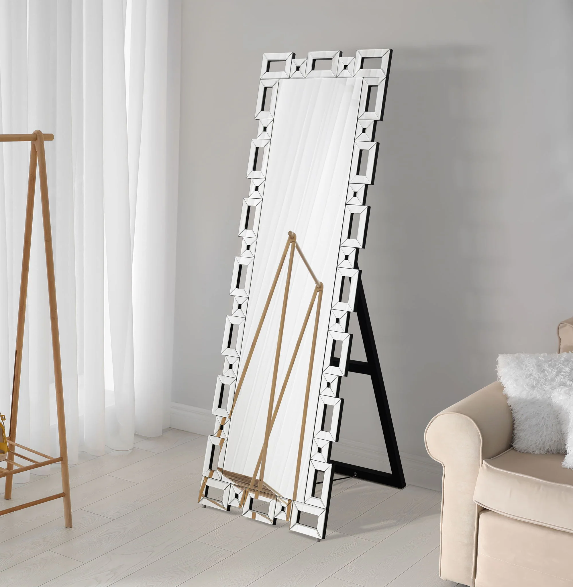 Tavin 24 x 65 Inch Geometric Frame Standing Mirror Silver - Image 3