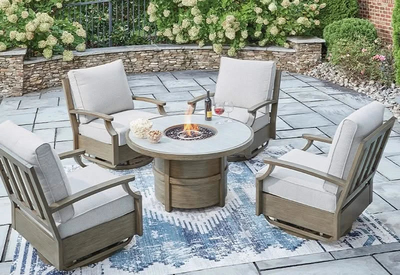 Texas Ranch Outdoor All Weather 5 PC Round Fire Pit Table Set Includes 4 Swivel Glider Chairs - Image 2