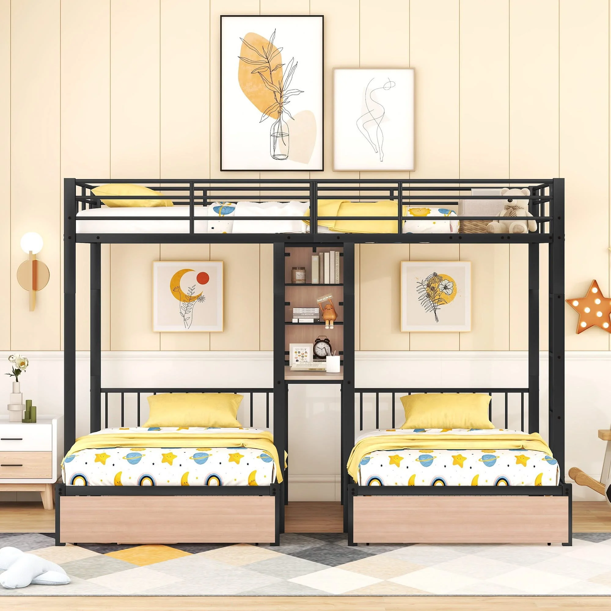 Triple Bunk Bed With Drawers, Multi-Functional Frame With Desks And Shelves In The Middle - Image 4
