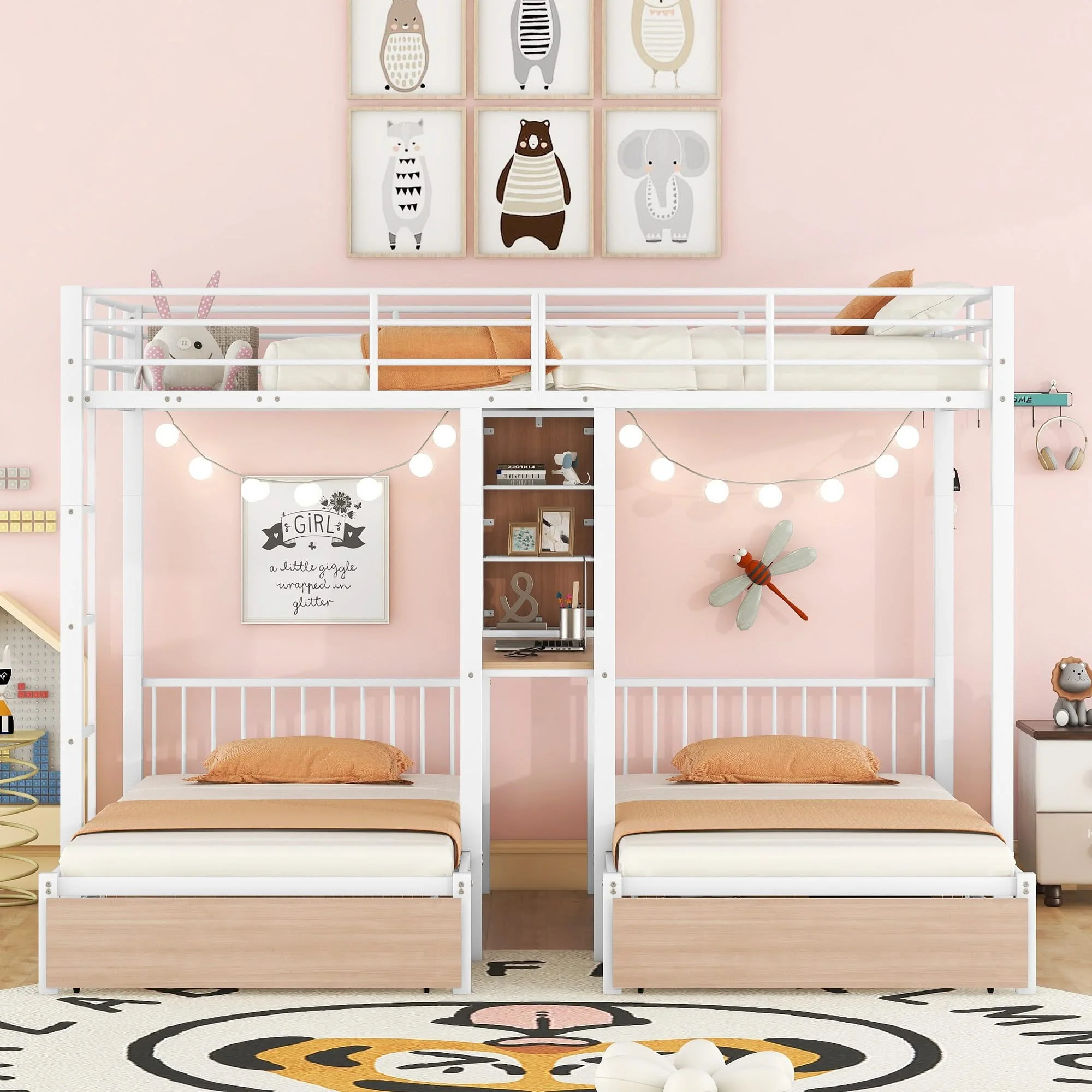 Triple Bunk Bed With Drawers, Multi-Functional Frame With Desks And Shelves In The Middle - Image 6