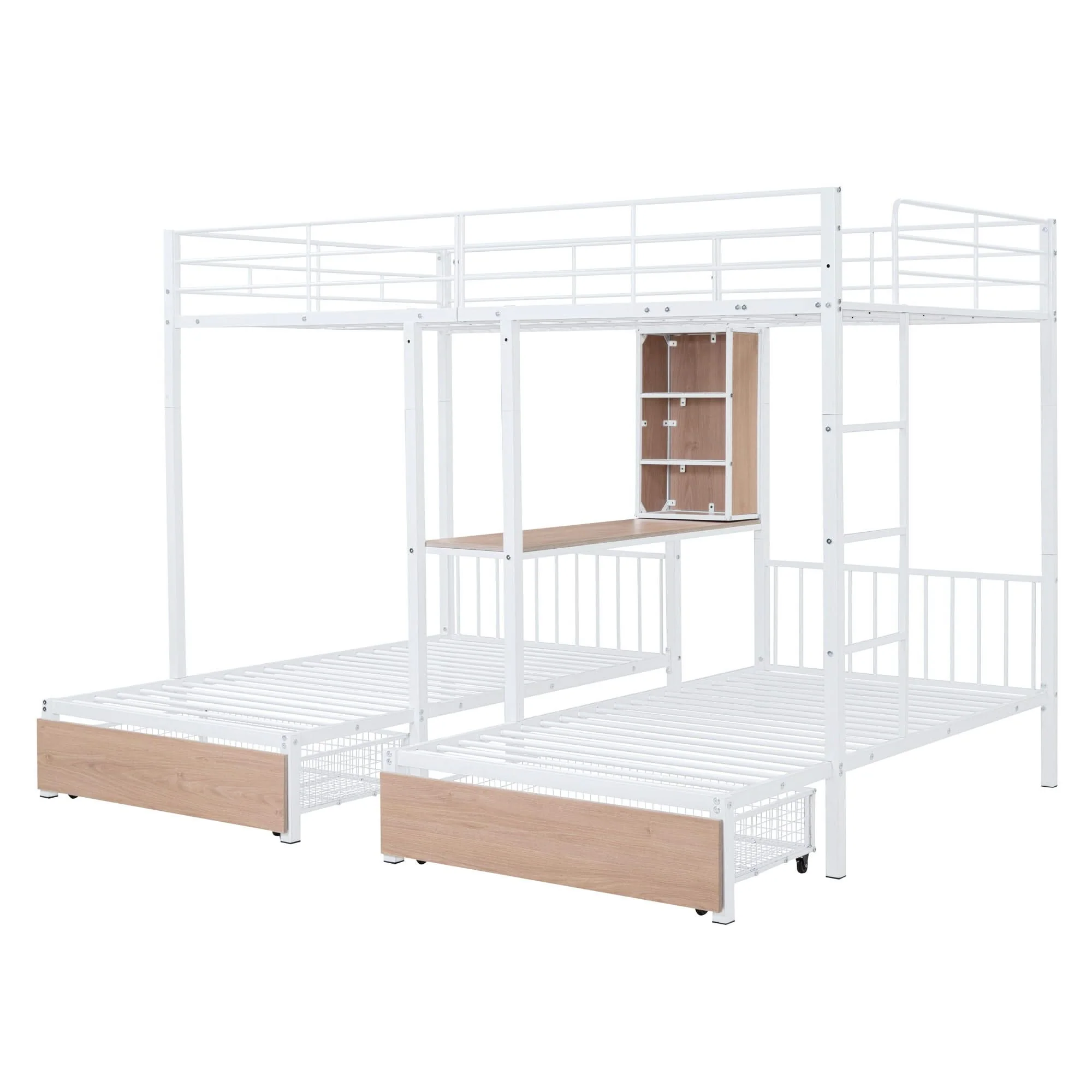 Triple Bunk Bed With Drawers, Multi-Functional Frame With Desks And Shelves In The Middle - Image 7