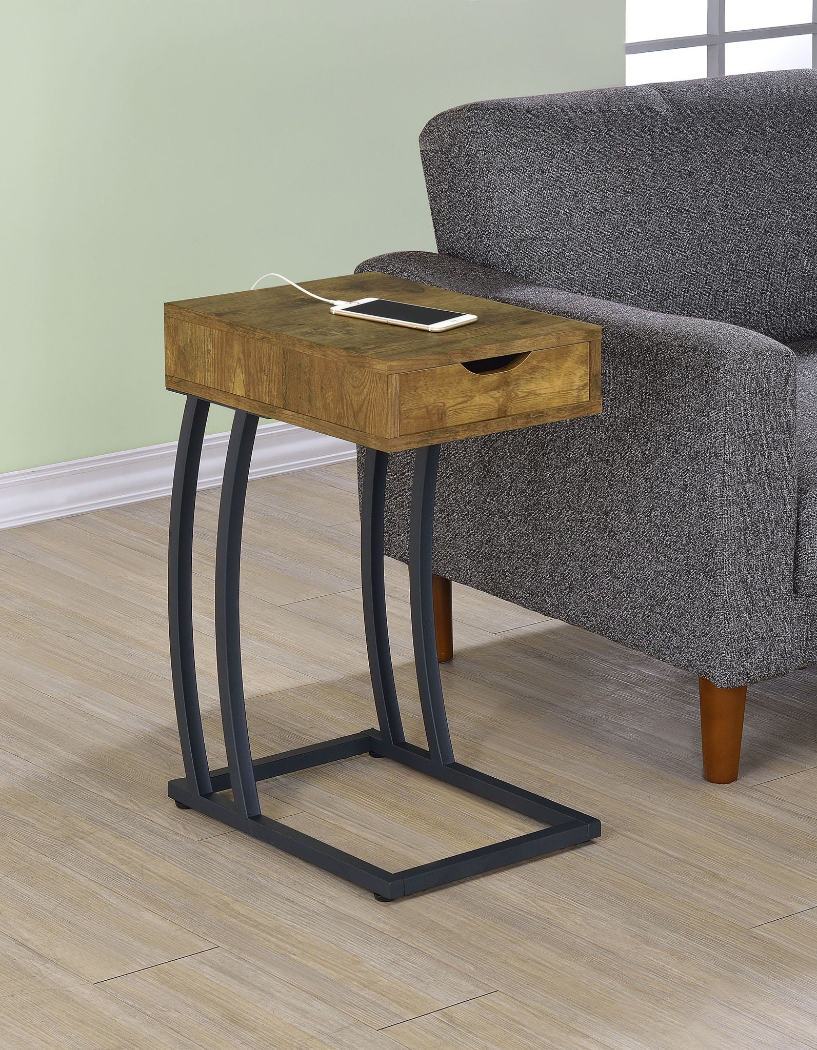 Troy 1-drawer C-Shaped Side Table Power Outlet Rustic Nutmeg - Image 3