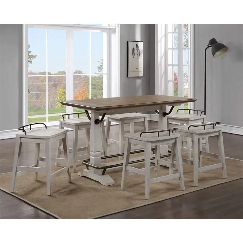 Tunica 2-tone Rustic Farmhouse Counter Dining Set with 60" Table and 6 Backless Counter Stools