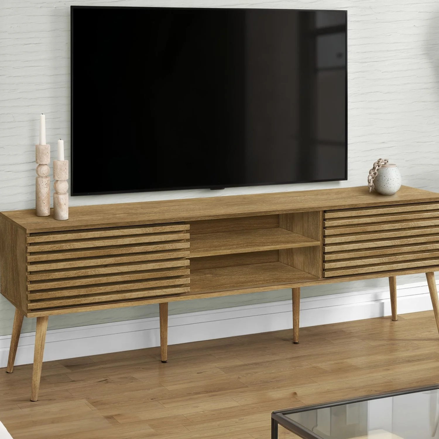 TV Stand, 72 Inch, Media Entertainment Center, Storage Cabinet, Console, Storage Shelves, Contemporary & Modern - Walnut - Image 2