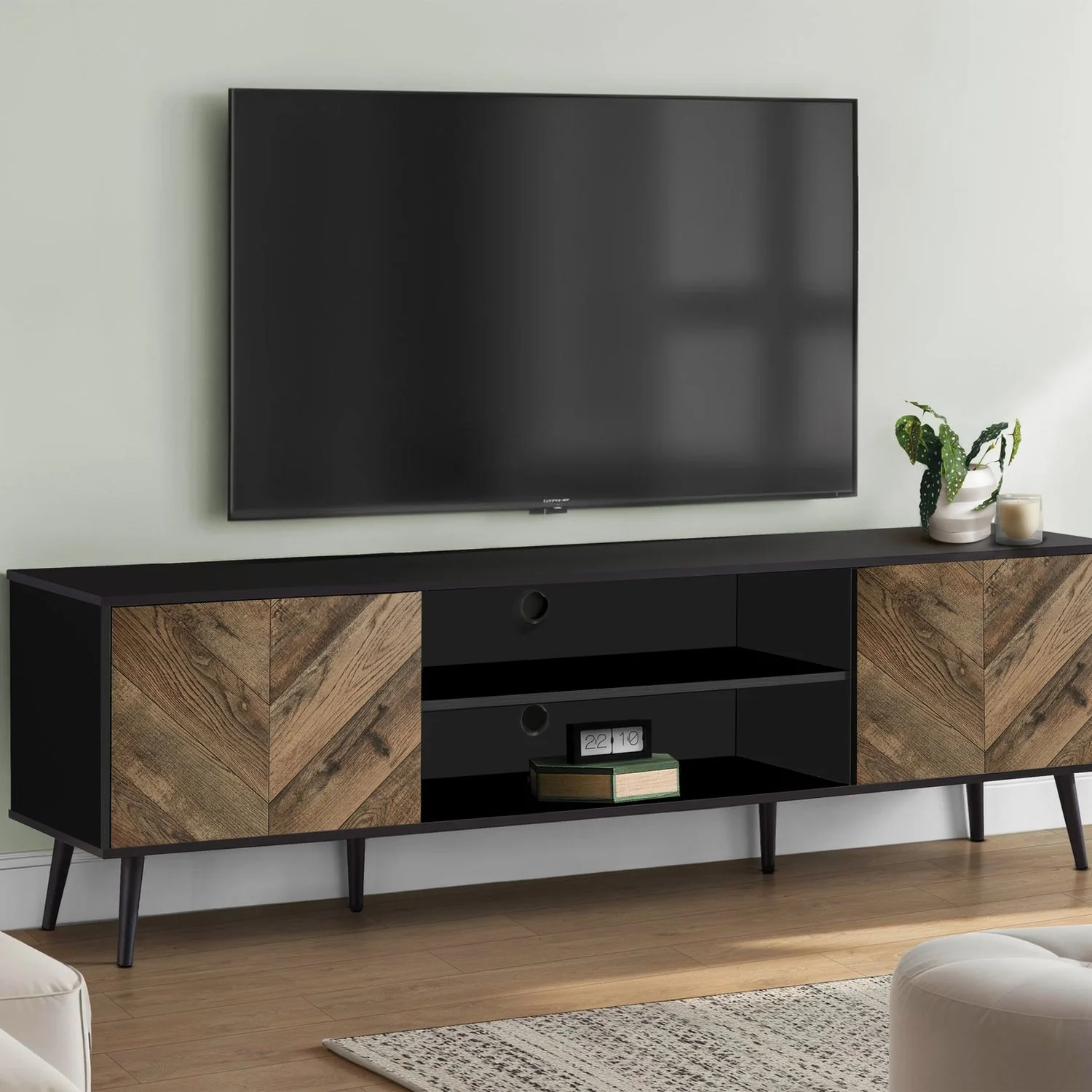 TV Stand, Console, Media Entertainment Center, Storage Cabinet, Modern Design - Black - Image 2