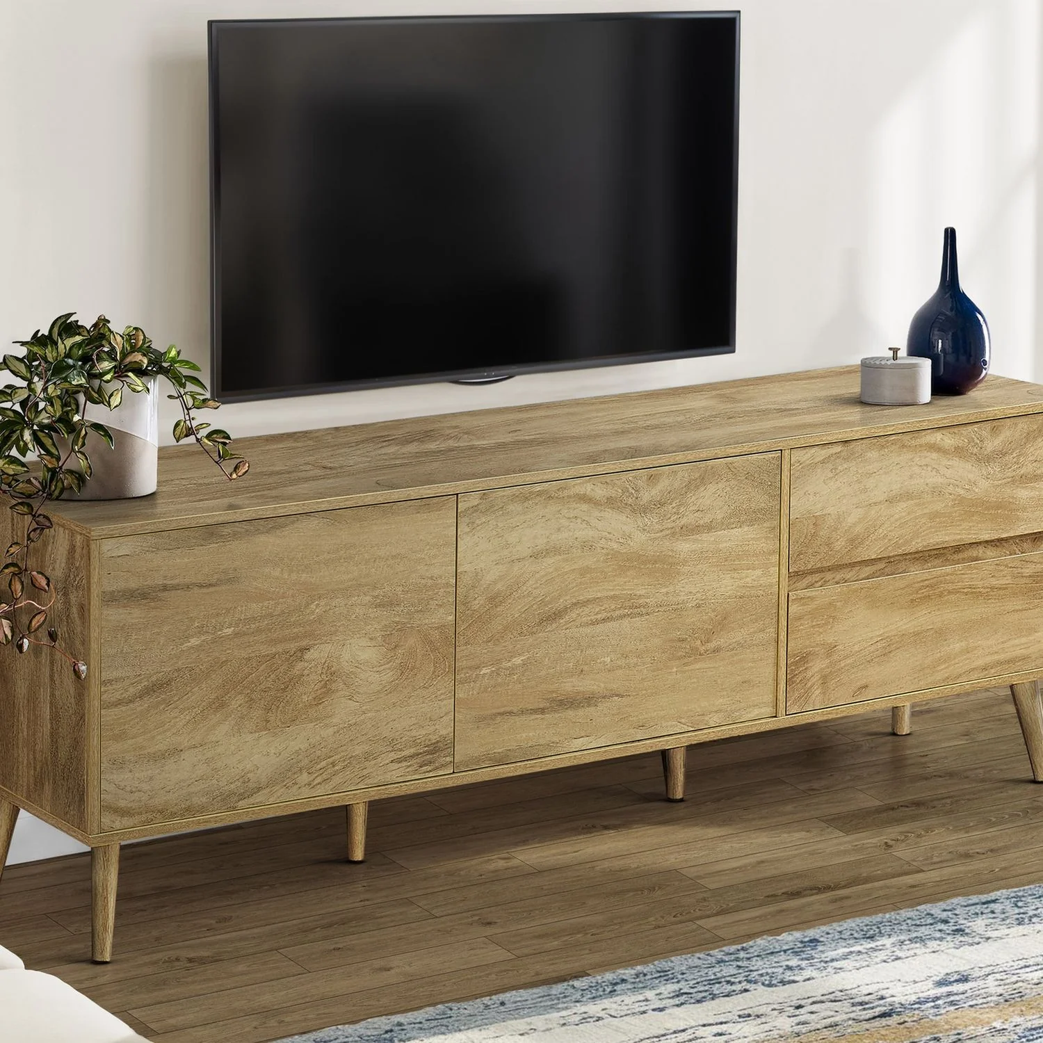 TV Stand Console With Storage Drawers And Cabinets - Walnut - Image 3