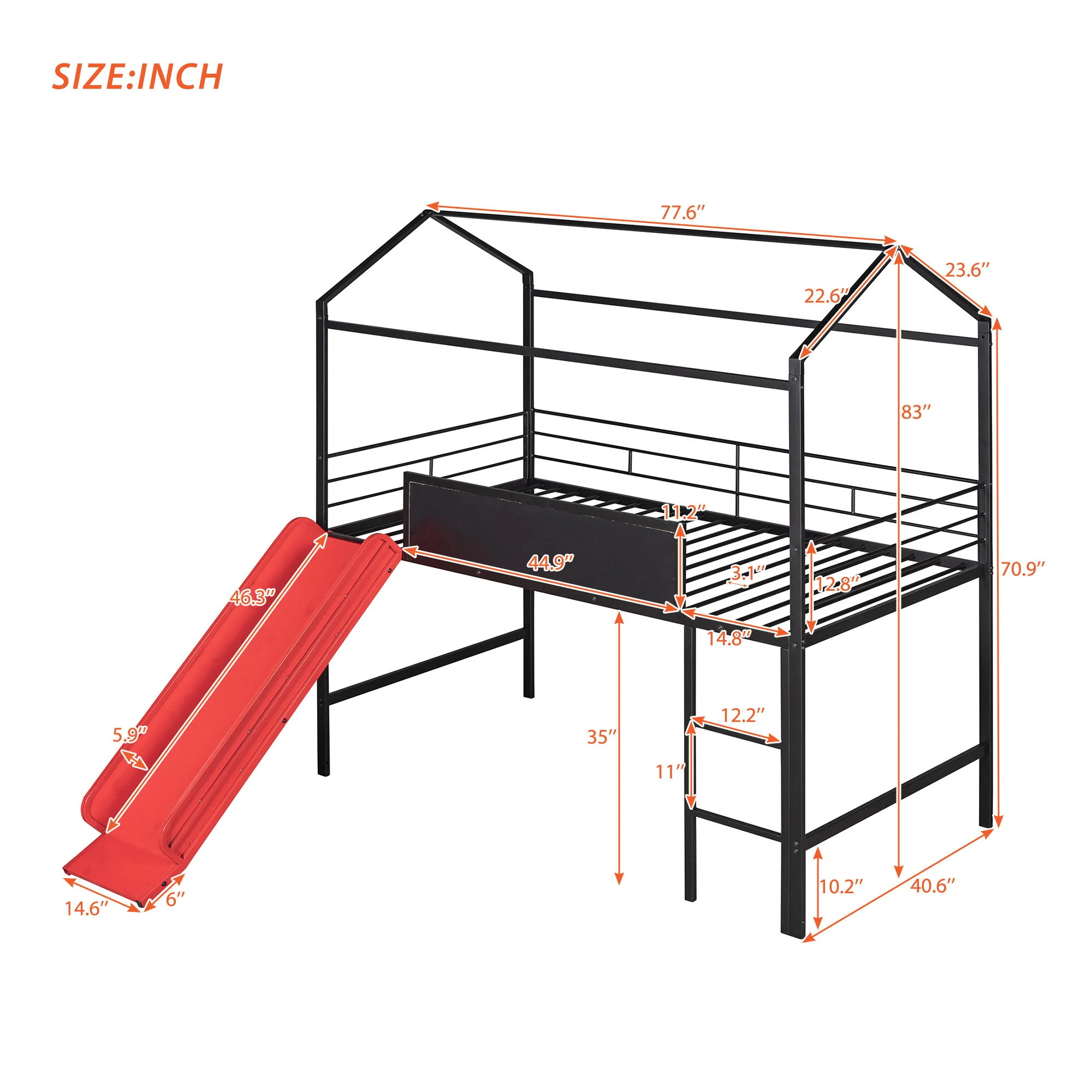 Twin Metal Loft Bed With Slide And 2 Sided Writable Wooden Board - Black - Image 2