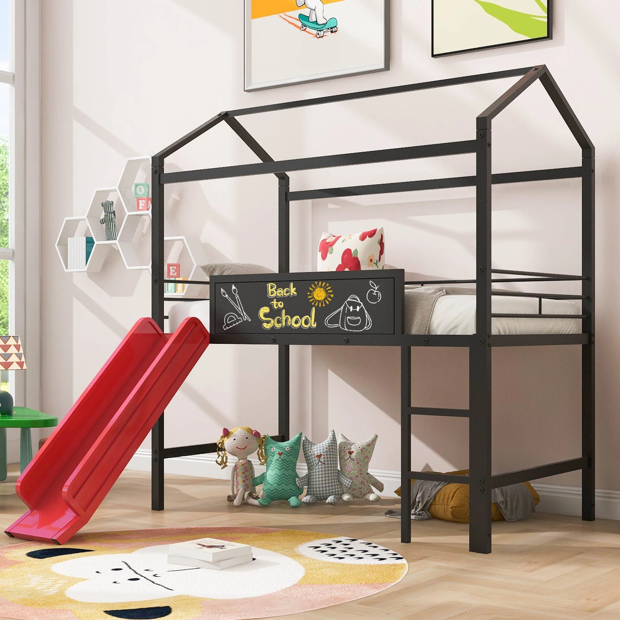 Twin Metal Loft Bed With Slide And 2 Sided Writable Wooden Board - Black - Image 3