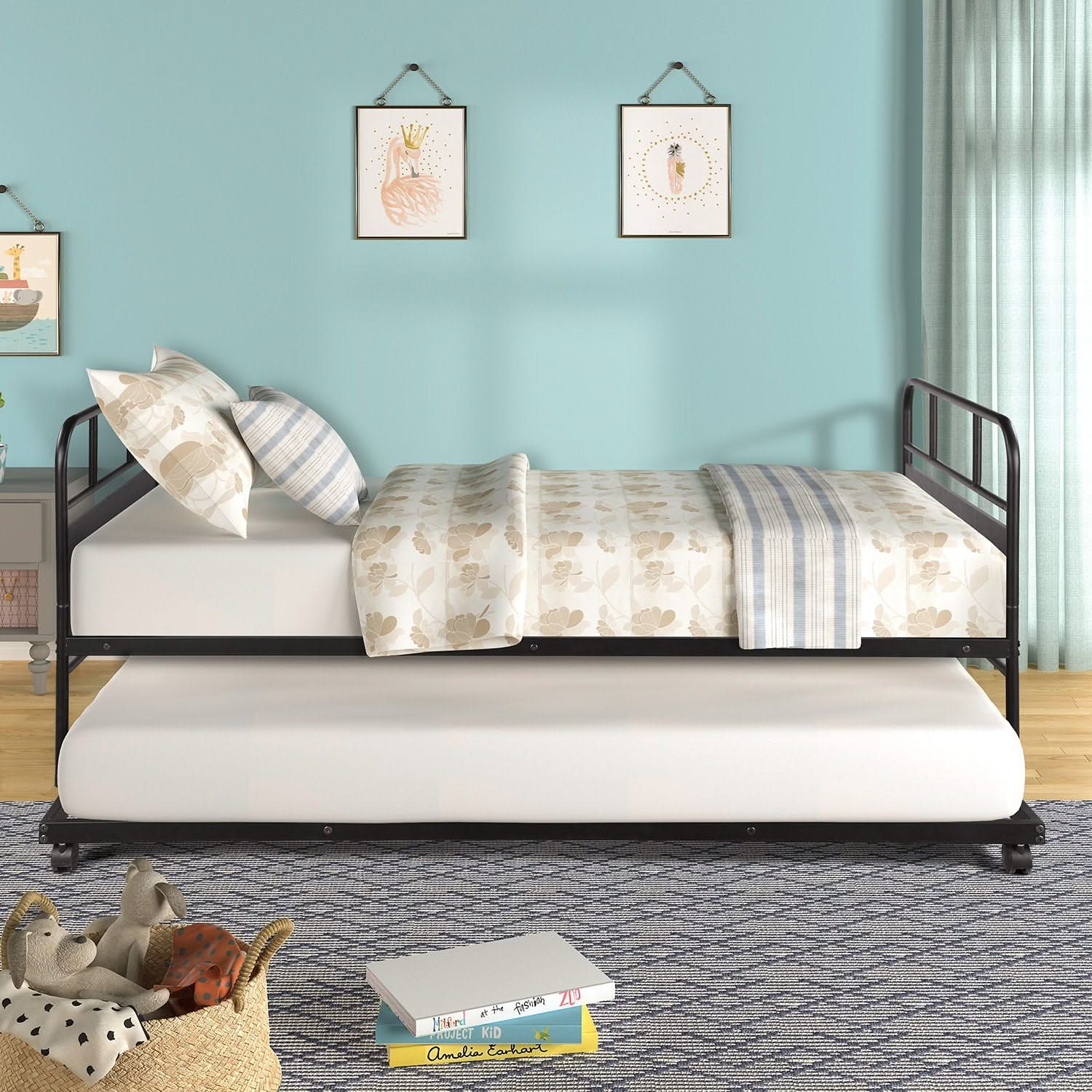 Twin Size Daybed Platform Bed Frame With Trundle Built In Casters - Black - Image 2