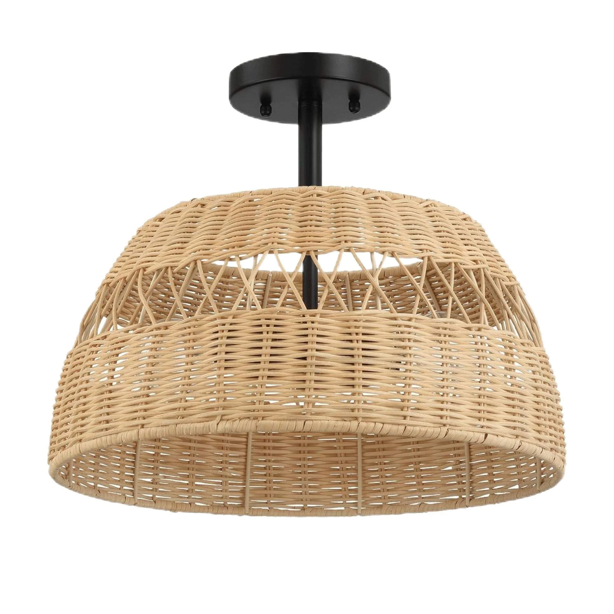 Twinkle - Double Lights Semi Flush With Shade - Black / Rattan - Image 4