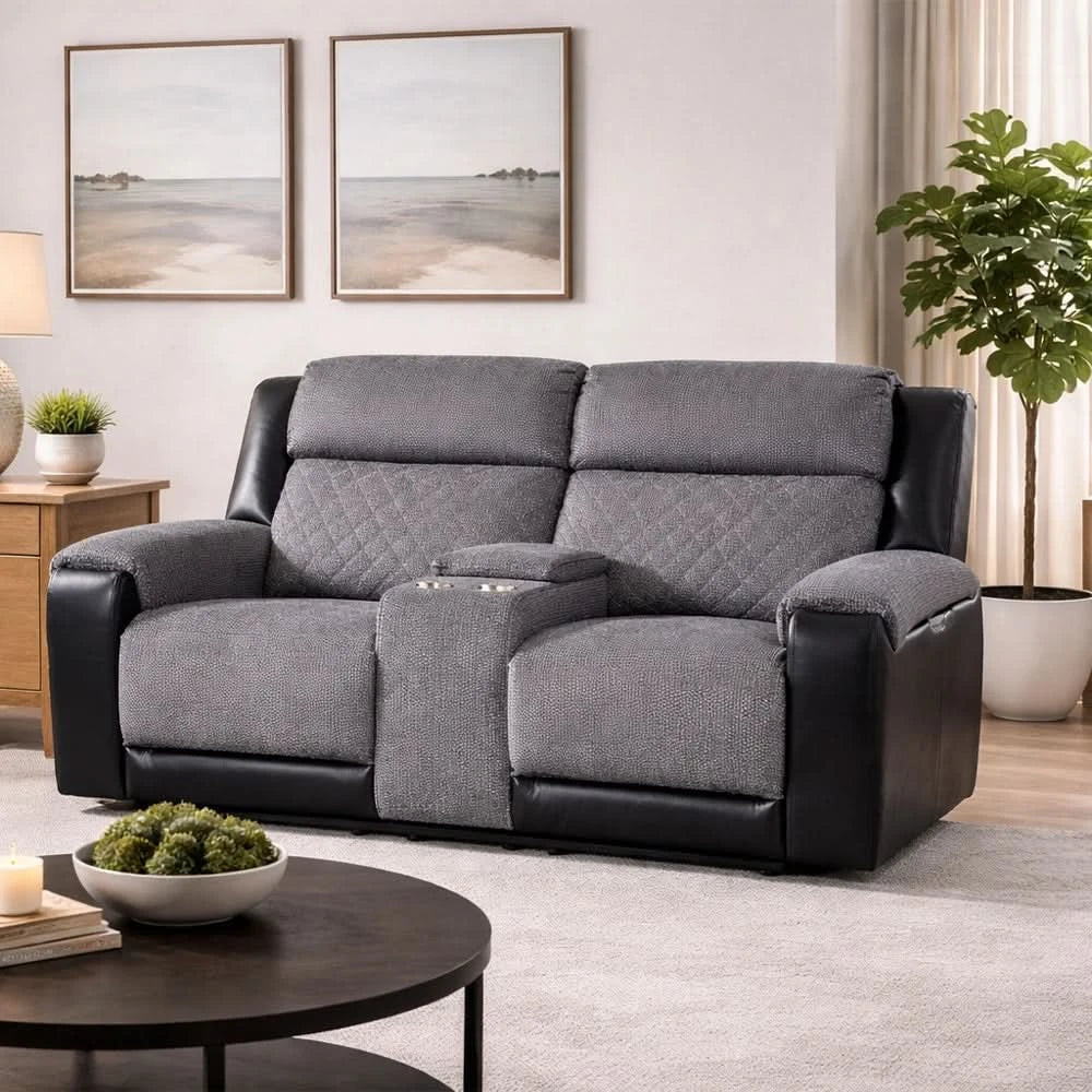 Tyler Dark Grey Power Reclining Loveseat with LED Lighting and Storage Console