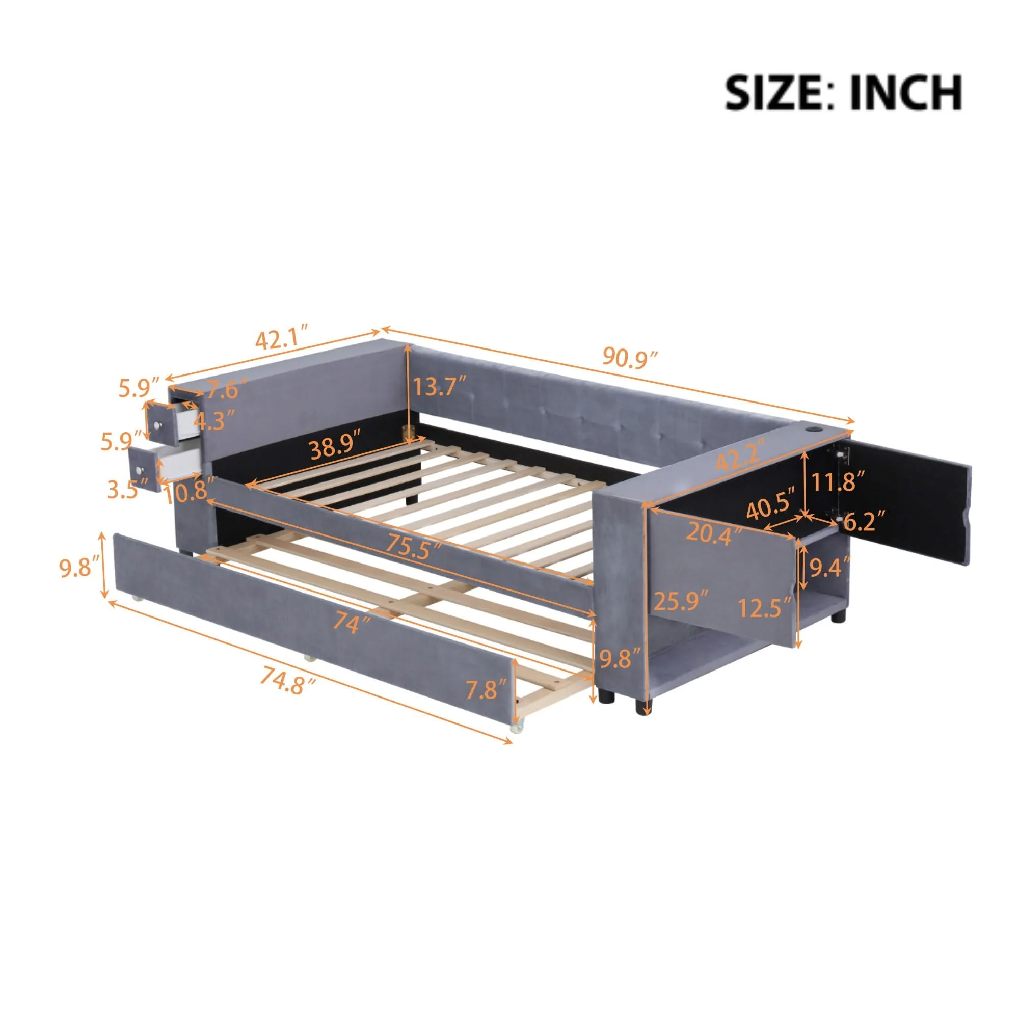 Upholstered Bed With Storage And Twin Trundle, USB Charging Ports - Image 4