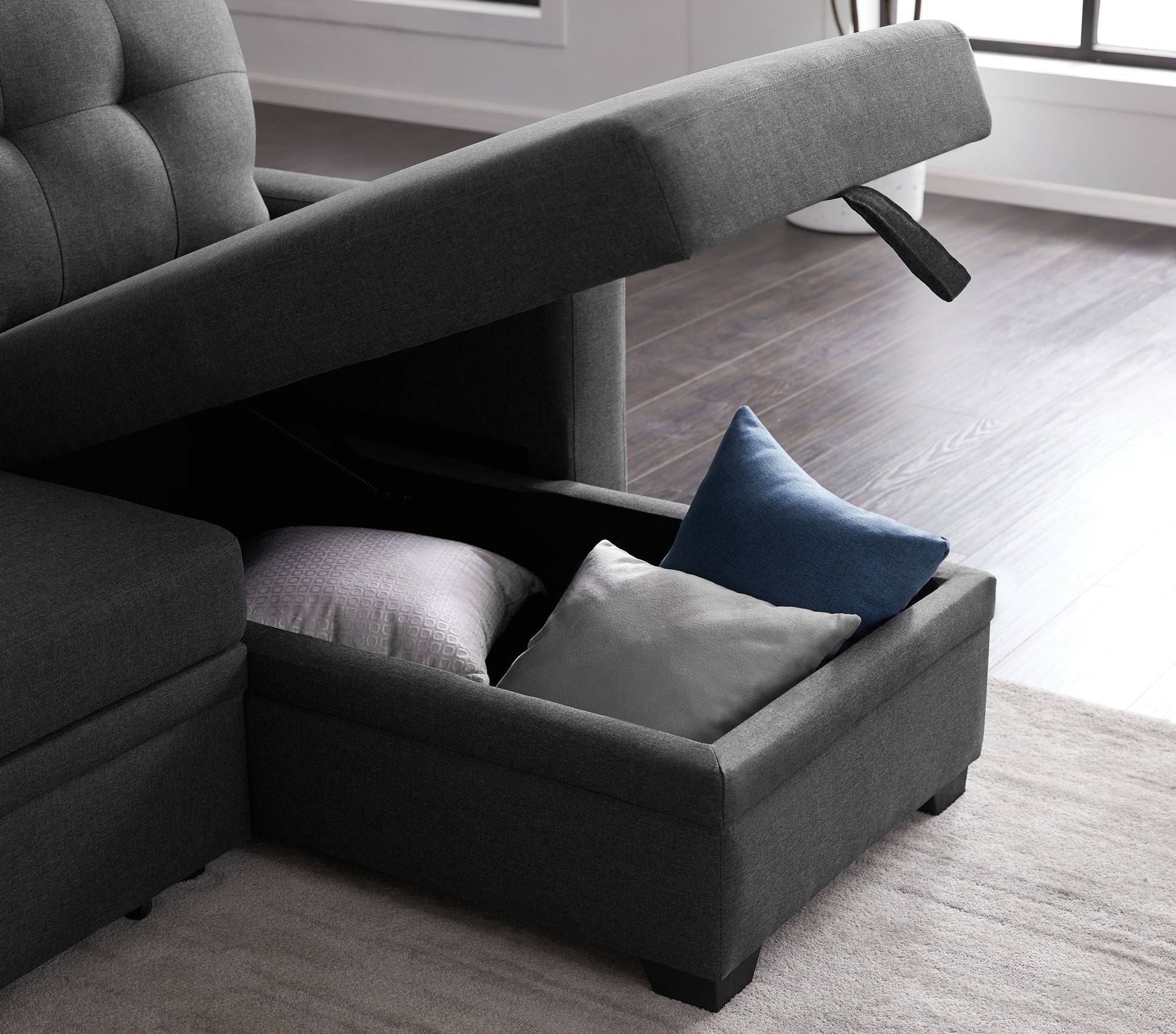 Upholstered Cushions Pull Out Sectional Sofa With Chaise - Image 3