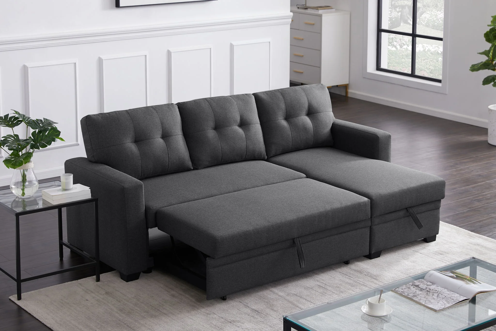 Upholstered Cushions Pull Out Sectional Sofa With Chaise - Image 4