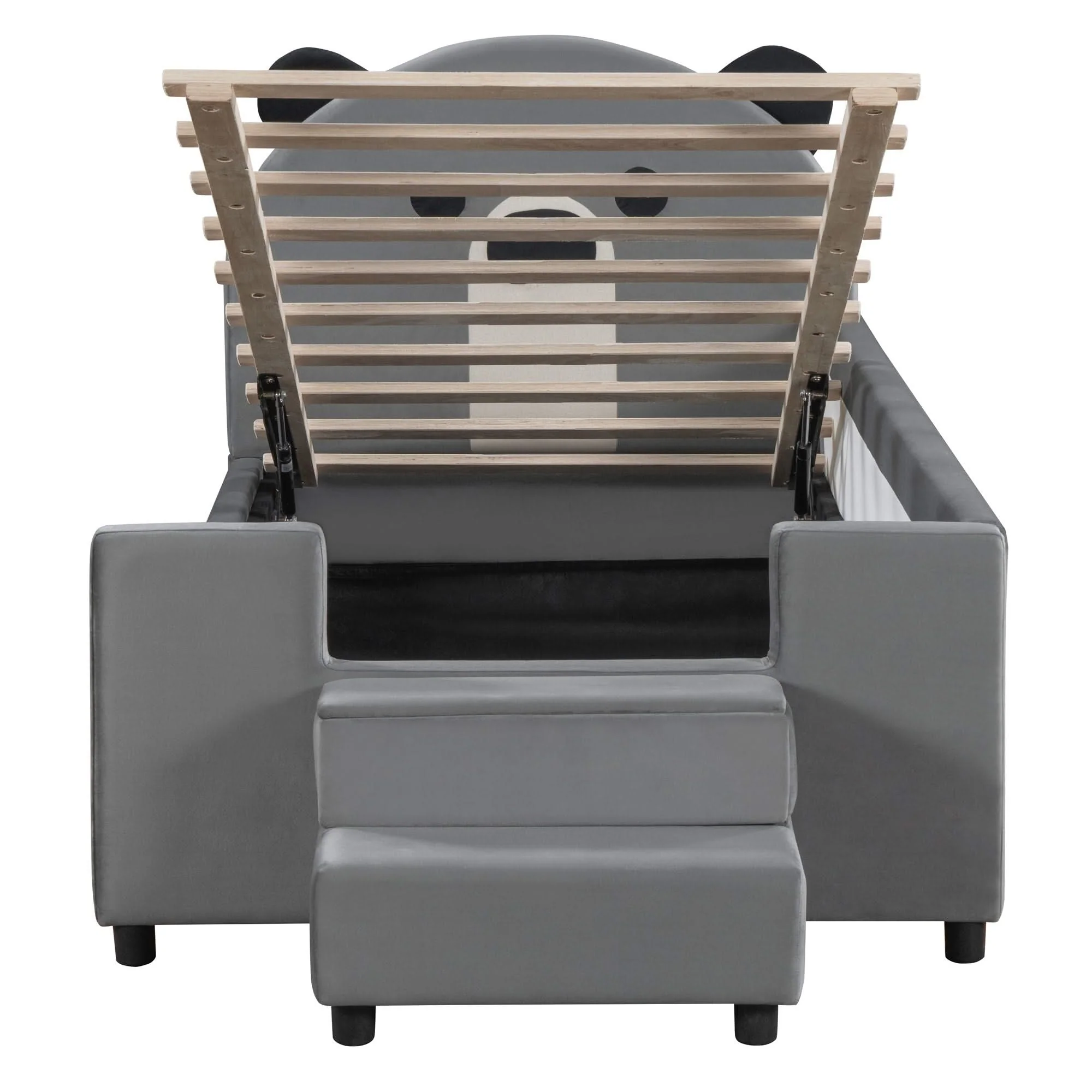 Upholstered Daybed With Bear Shaped Headboard, Hydraulic System And Breathable Fence - Image 4