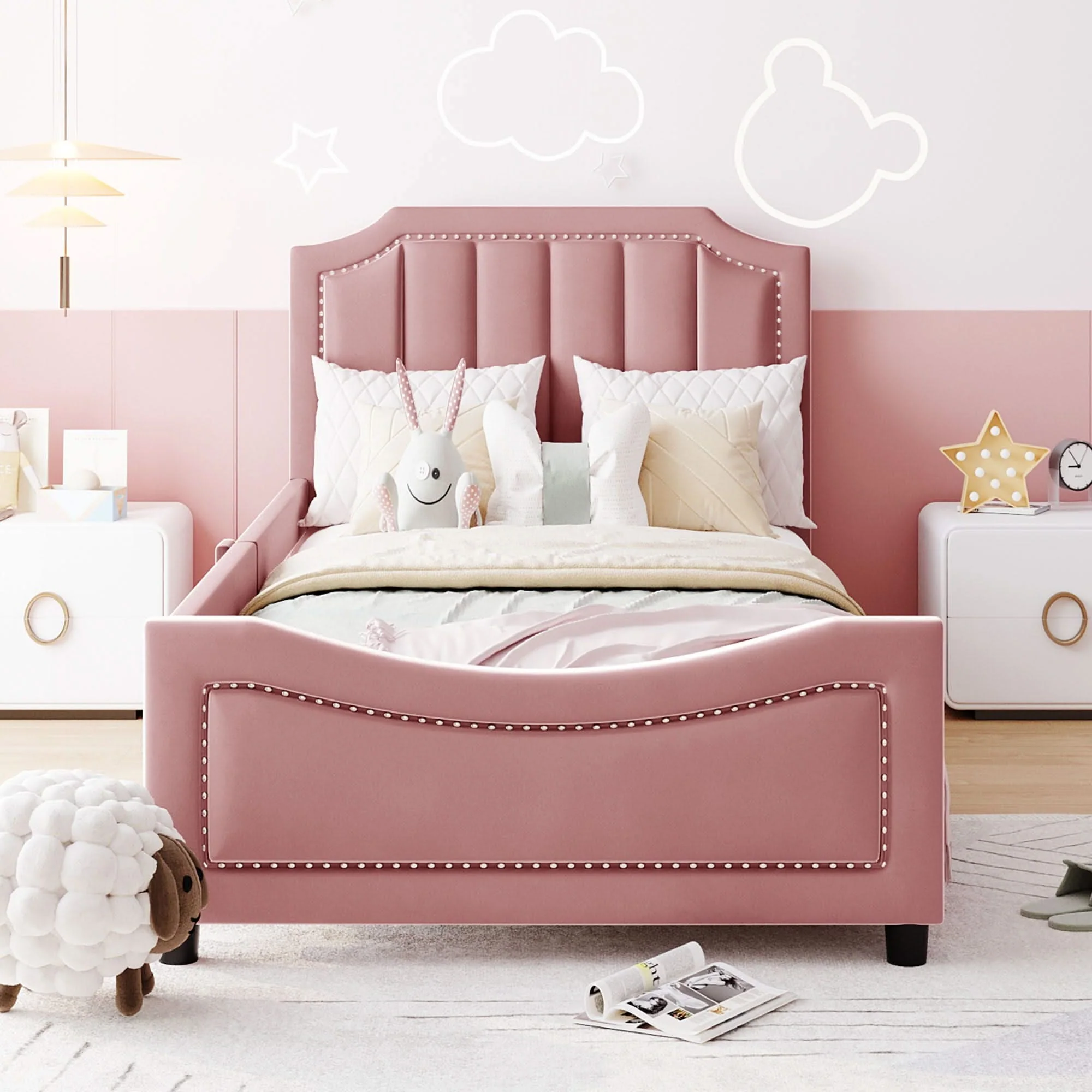 Upholstered Daybed With Classic Stripe Shaped Headboard - Image 11