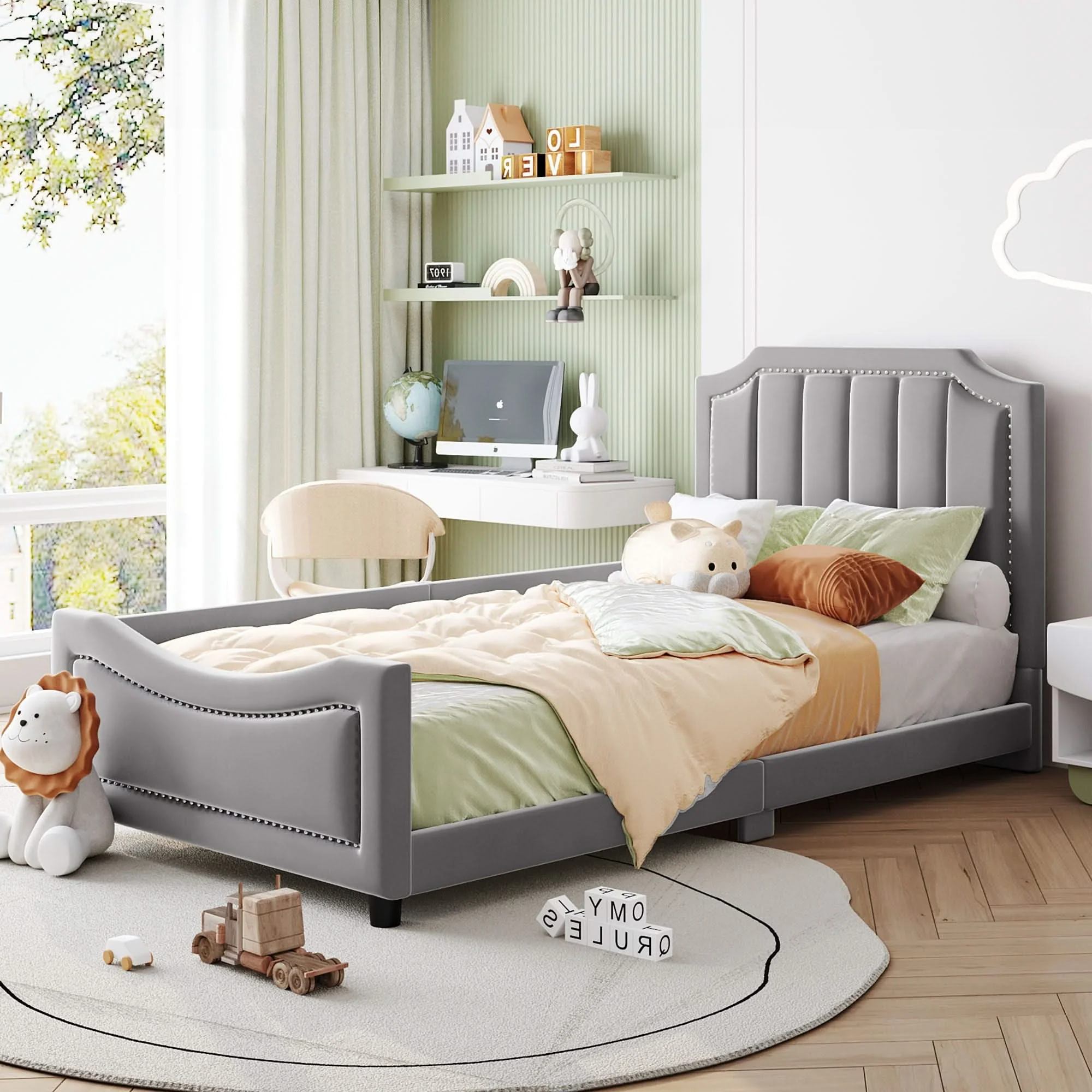 Upholstered Daybed With Classic Stripe Shaped Headboard - Image 2