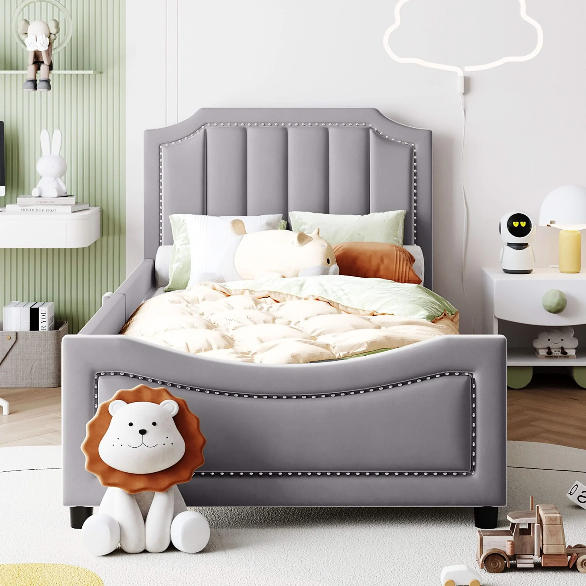 Upholstered Daybed With Classic Stripe Shaped Headboard - Image 6
