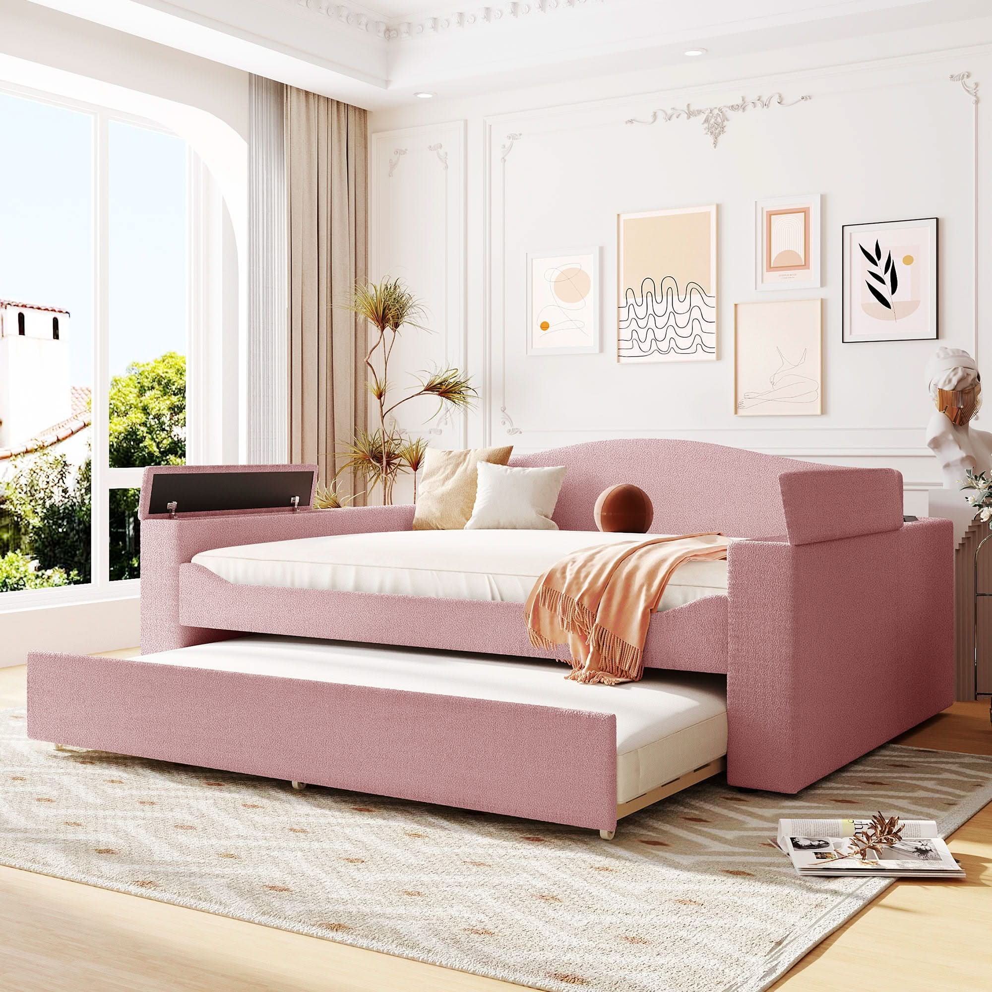 Upholstered Daybed With Storage Armrests, Trundle And Latest Integrated tooth Audio System - Image 4
