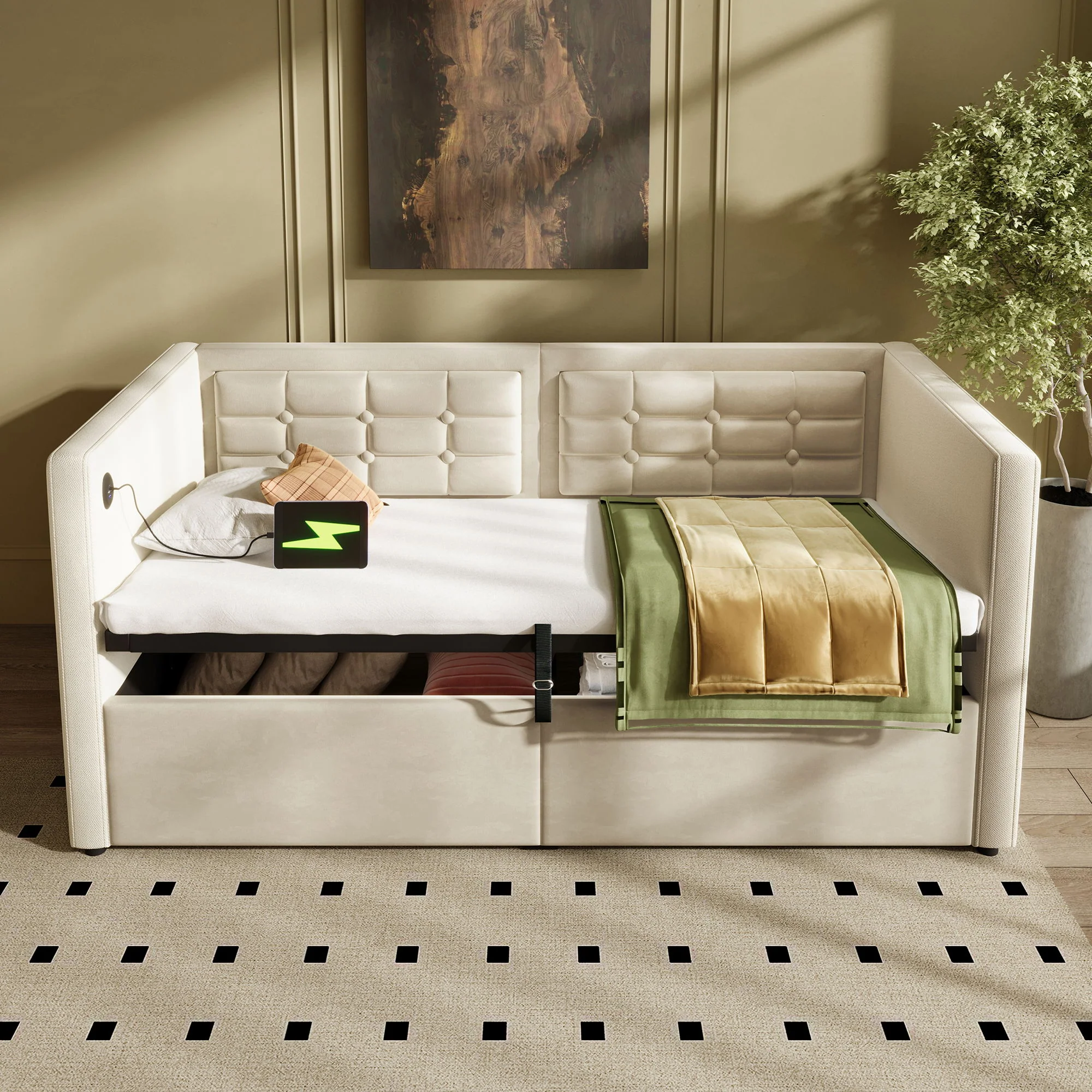 Upholstered Hydraulic Storage Daybed With USB & Type C Charging - Image 8
