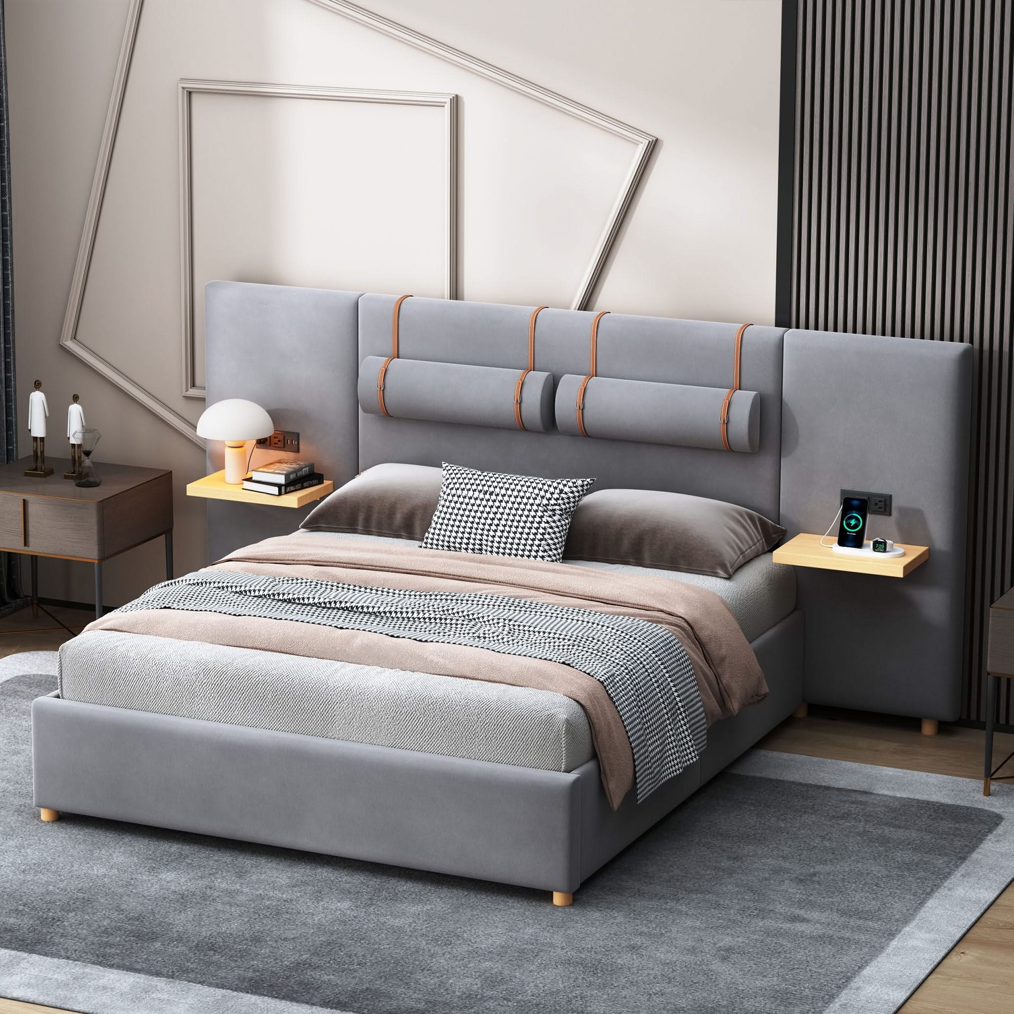 Upholstered Platform Bed, 2 Outlets And USB Charging Ports On Both Sides, 2 Bedside Pillows, Storage Shelves - Image 2
