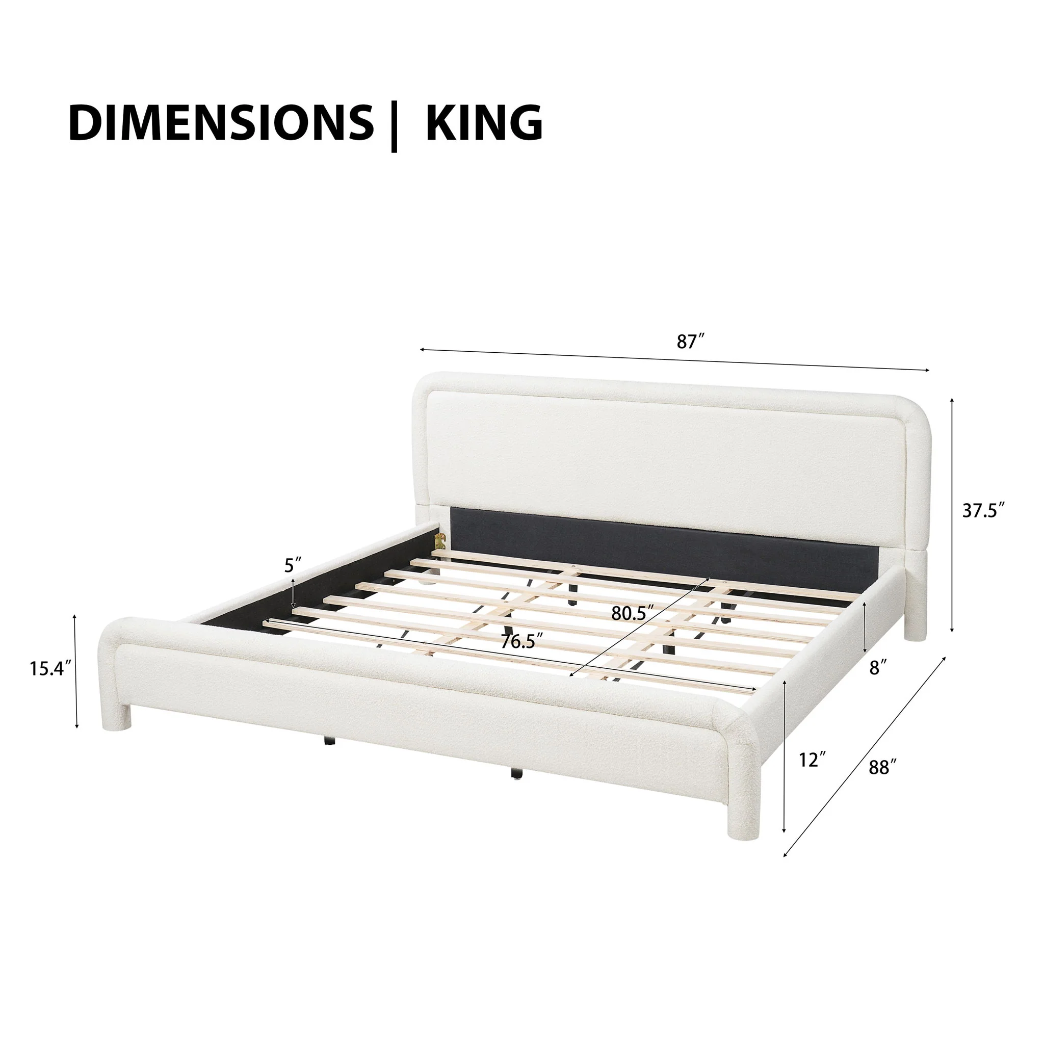 Upholstered Platform Bed Frame With Curved Headboard, Wood Slats Support - Image 2