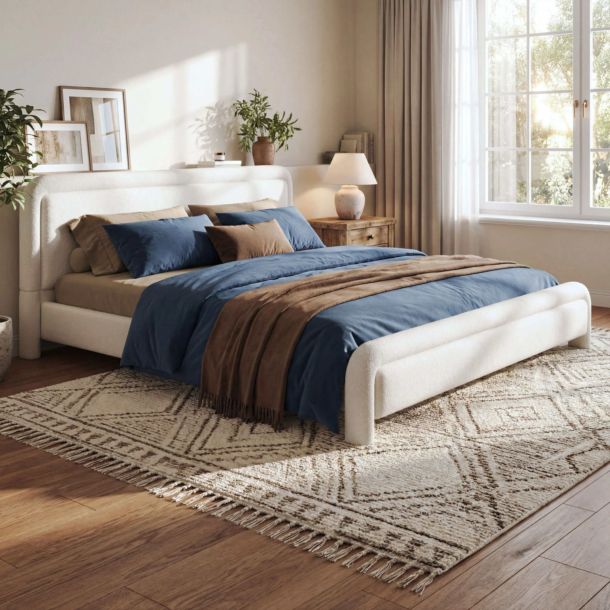 Upholstered Platform Bed Frame With Curved Headboard, Wood Slats Support - Image 3