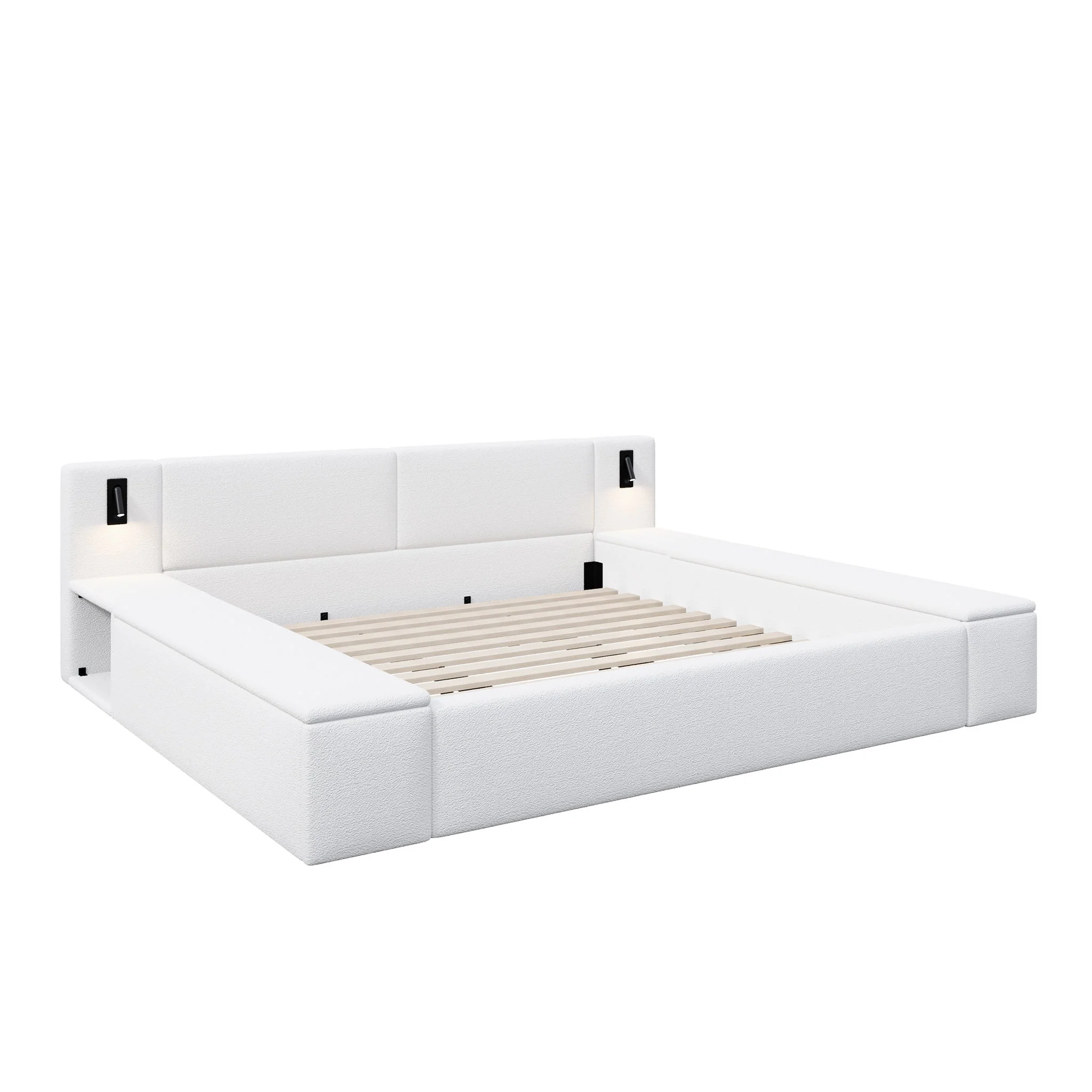 Upholstered Platform Bed Frame With Hidden Storage, Built-In Nightstands & LED Reading Lights