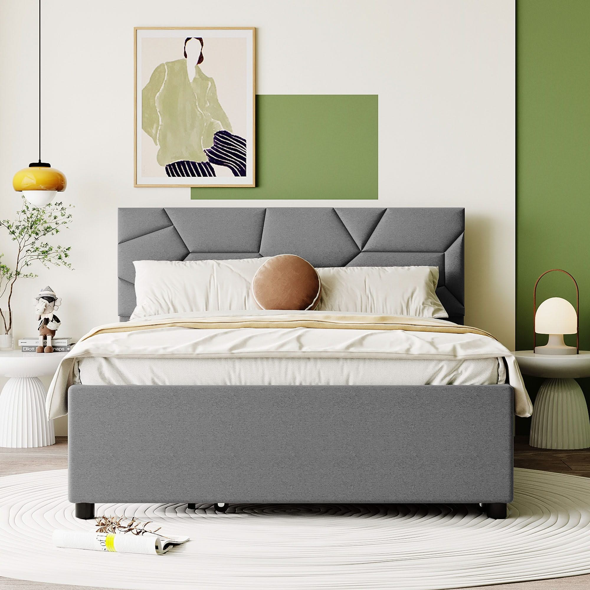Upholstered Platform Bed With Brick Pattern Headboard And Twin Long Size Trundle - Image 10