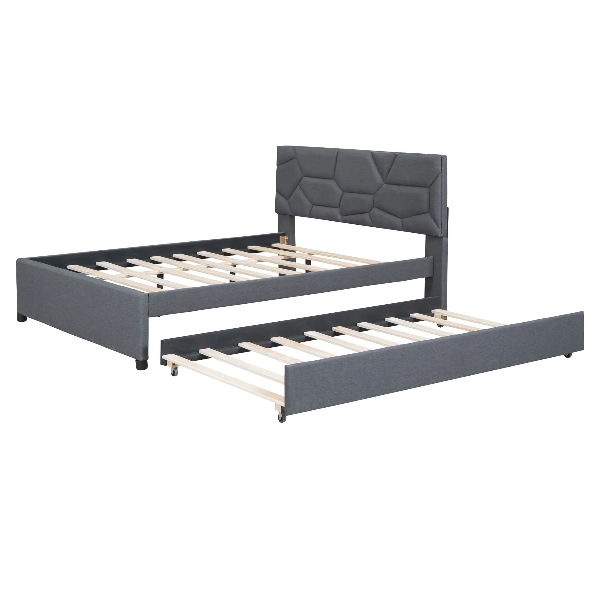 Upholstered Platform Bed With Brick Pattern Headboard And Twin Long Size Trundle - Image 11
