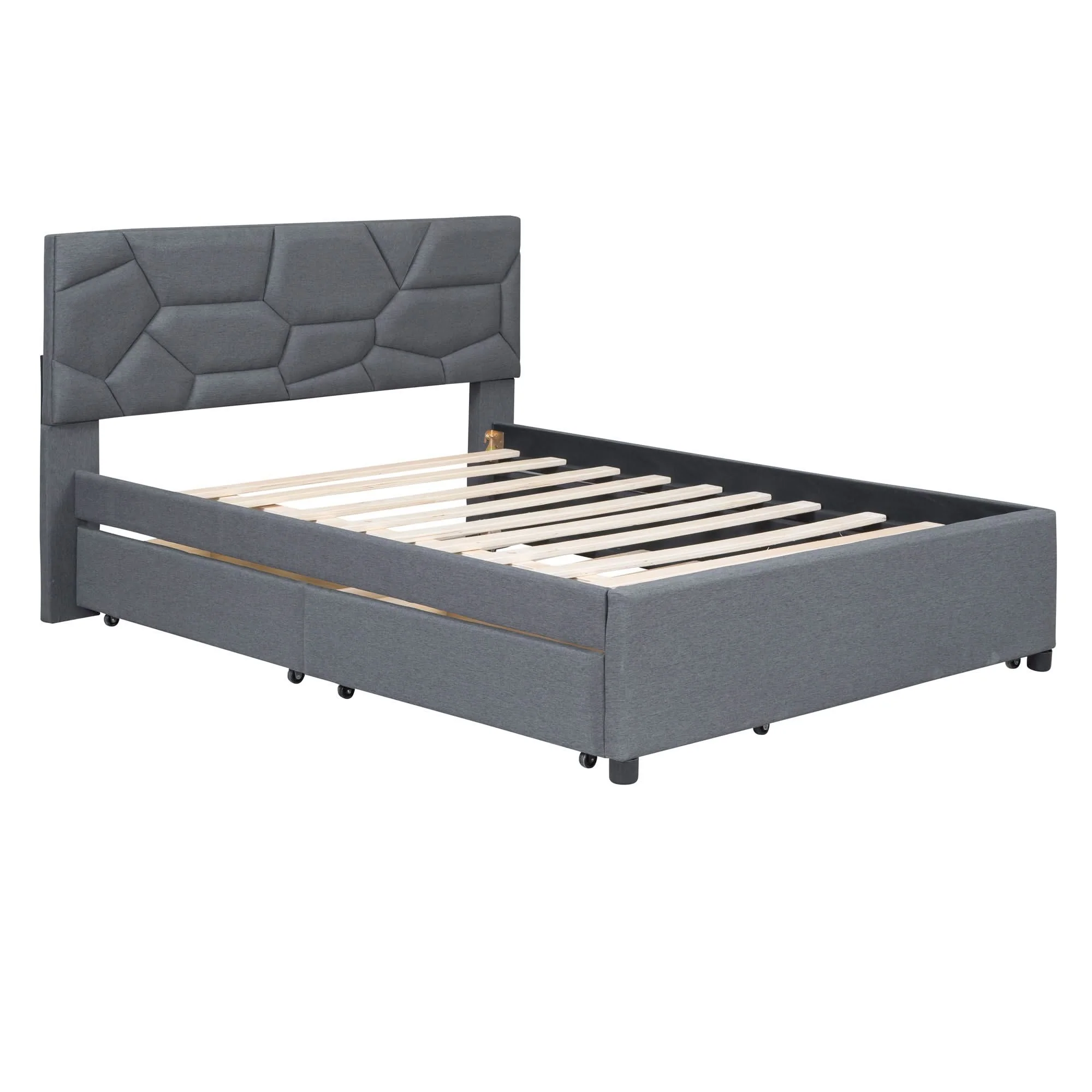 Upholstered Platform Bed With Brick Pattern Headboard And Twin Long Size Trundle - Image 12