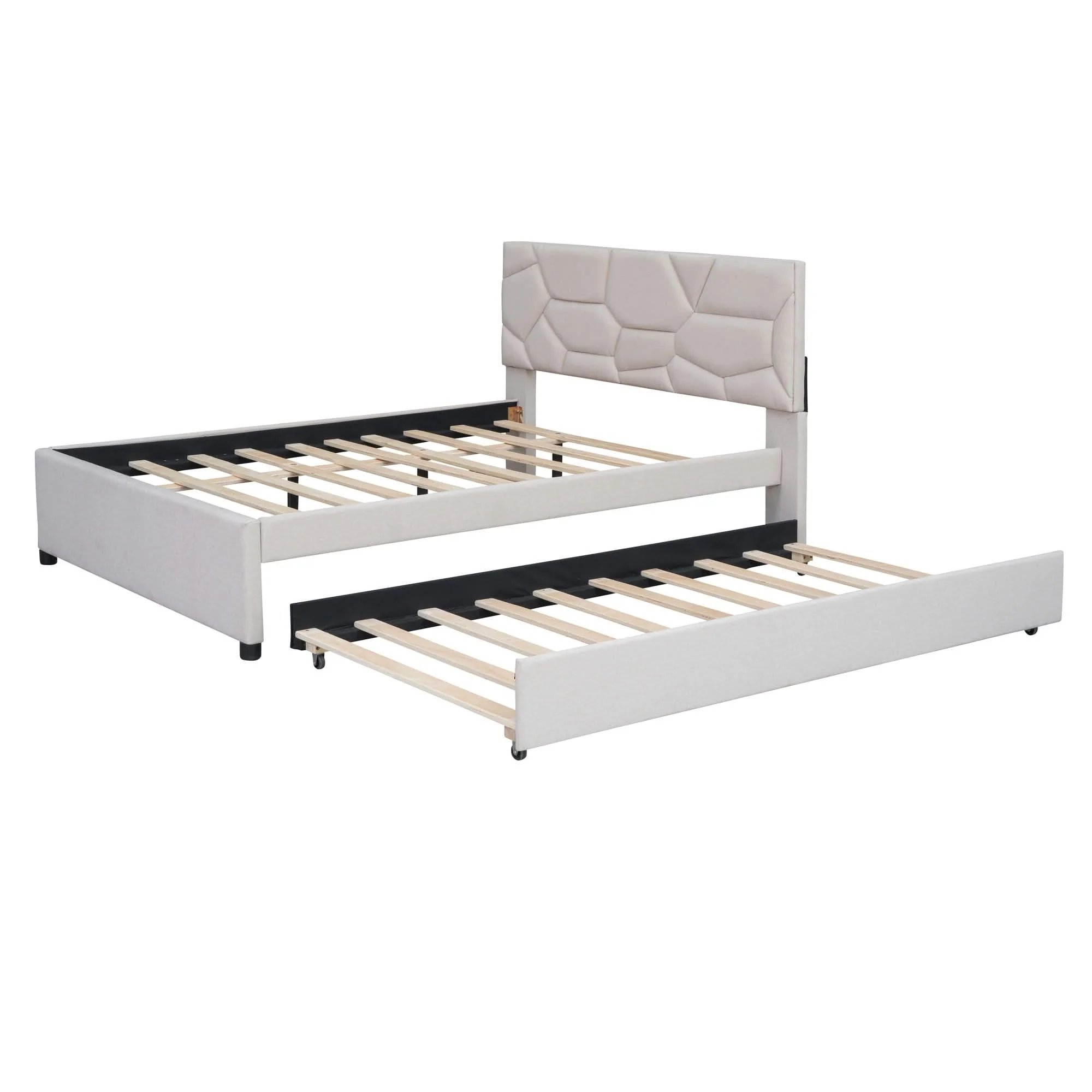 Upholstered Platform Bed With Brick Pattern Headboard And Twin Long Size Trundle - Image 13