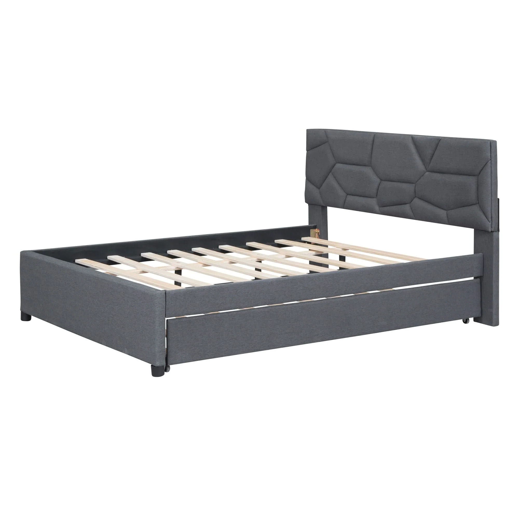 Upholstered Platform Bed With Brick Pattern Headboard And Twin Long Size Trundle - Image 14