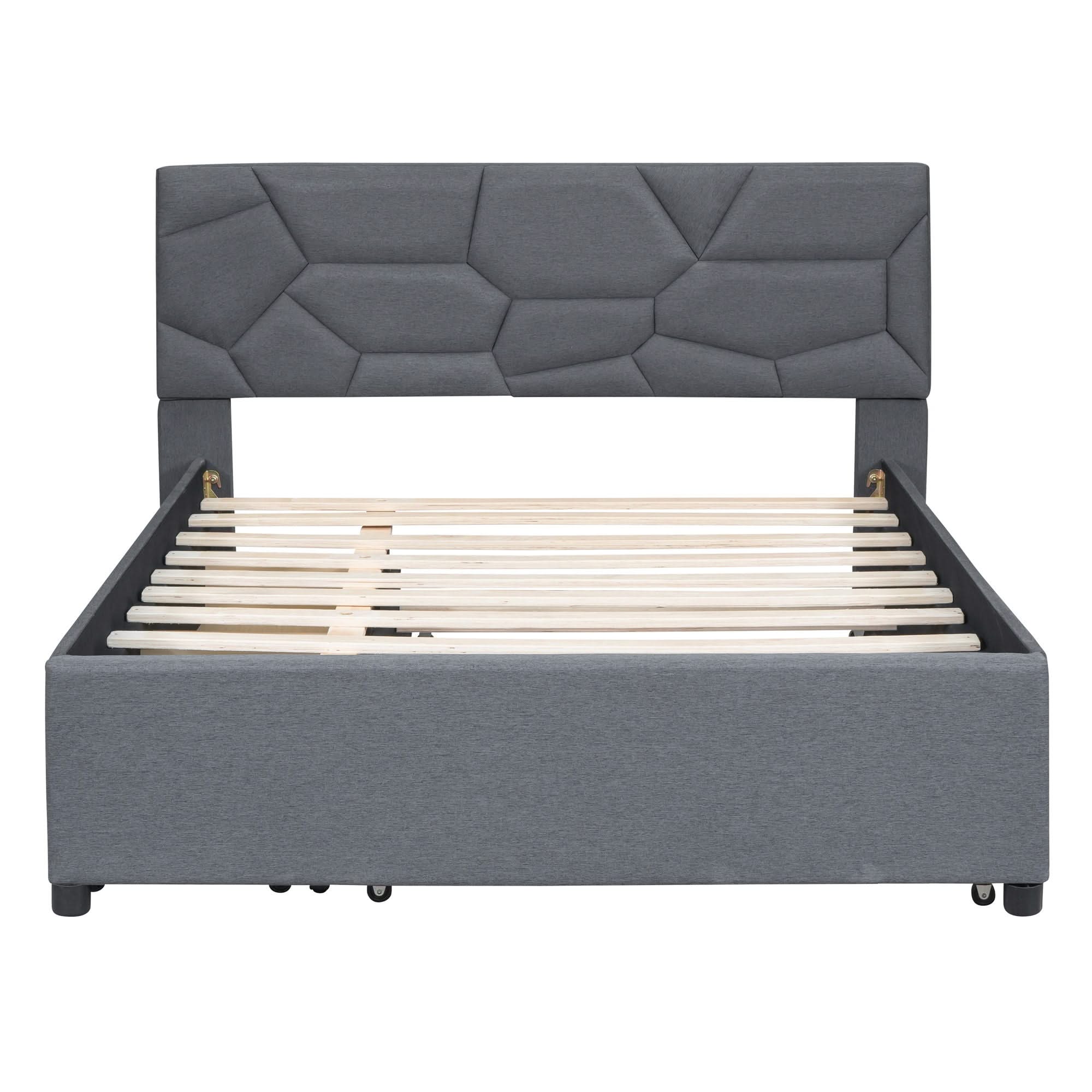 Upholstered Platform Bed With Brick Pattern Headboard And Twin Long Size Trundle - Image 15