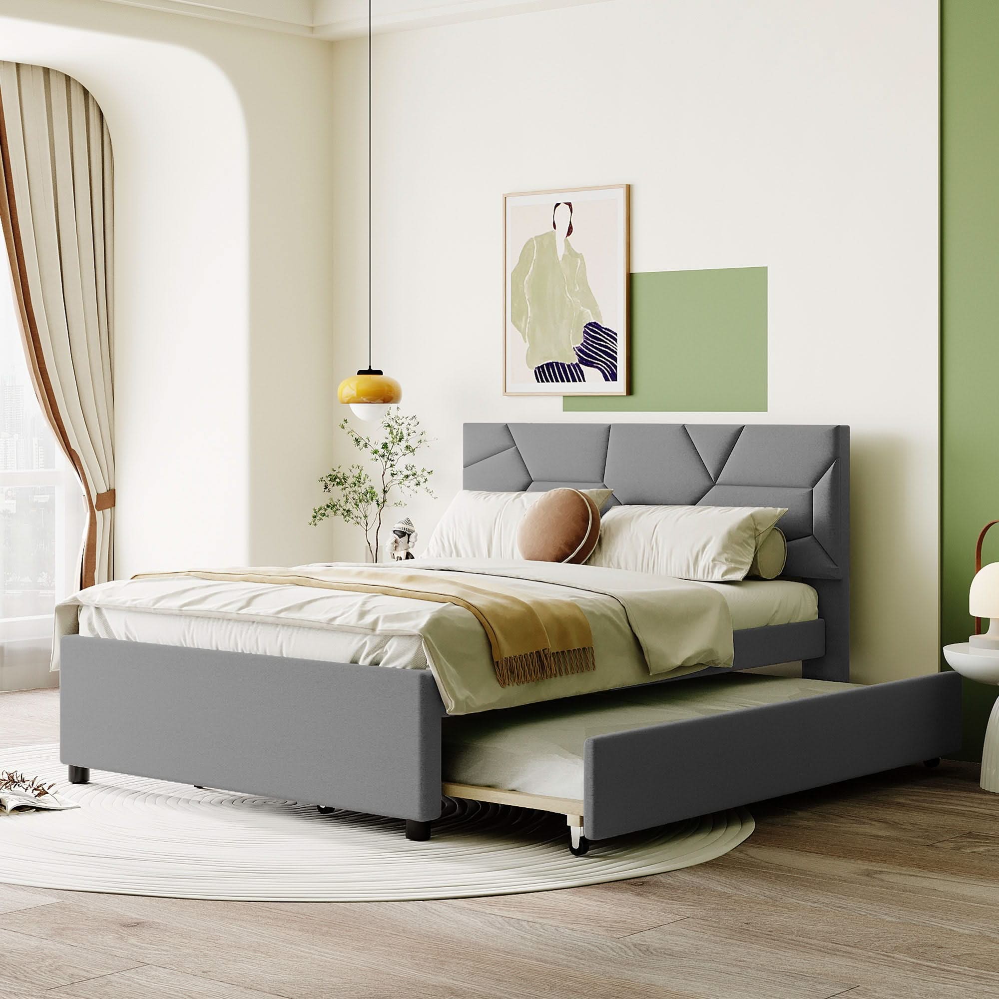 Upholstered Platform Bed With Brick Pattern Headboard And Twin Long Size Trundle - Image 2