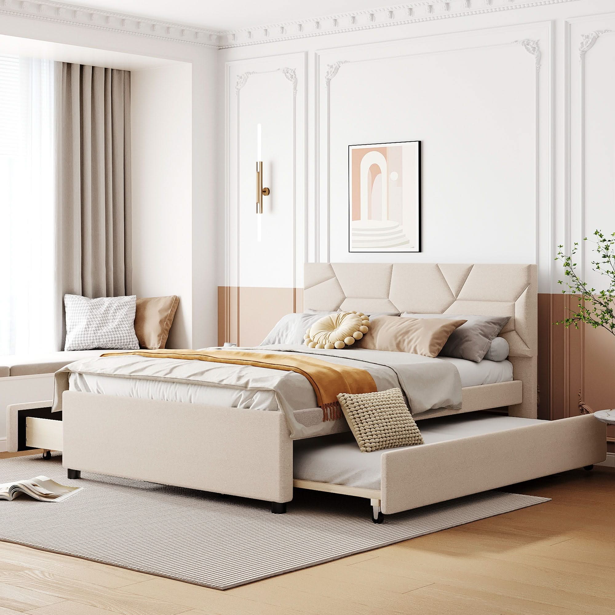 Upholstered Platform Bed With Brick Pattern Headboard And Twin Long Size Trundle - Image 4