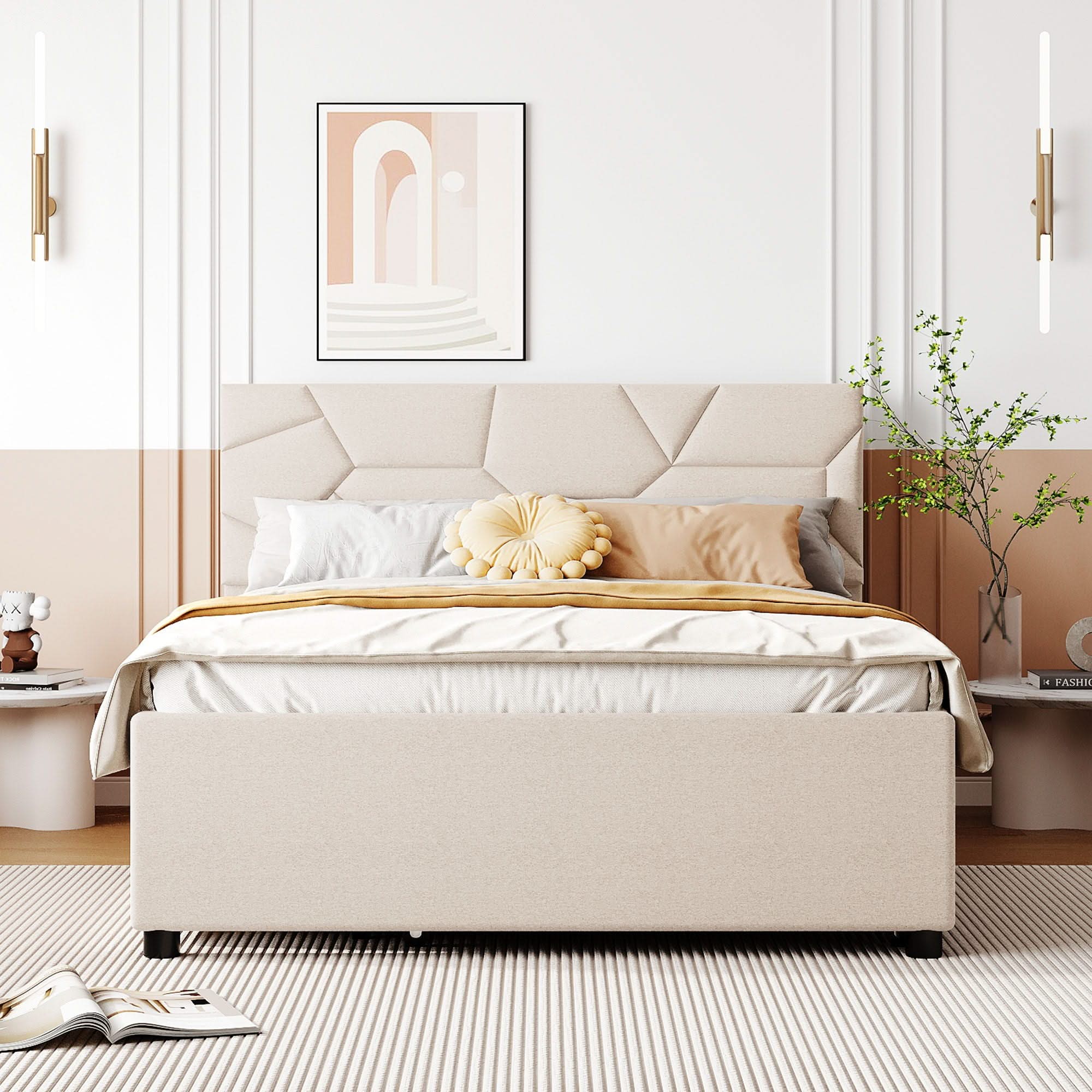 Upholstered Platform Bed With Brick Pattern Headboard And Twin Long Size Trundle - Image 5