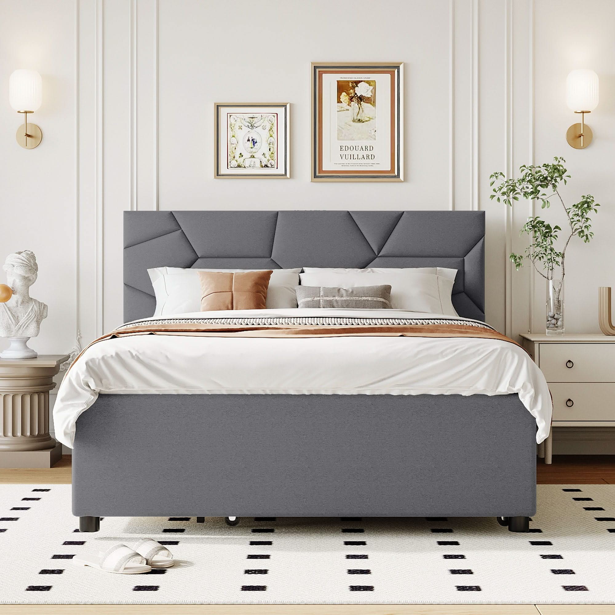 Upholstered Platform Bed With Brick Pattern Headboard And Twin Long Size Trundle - Image 6