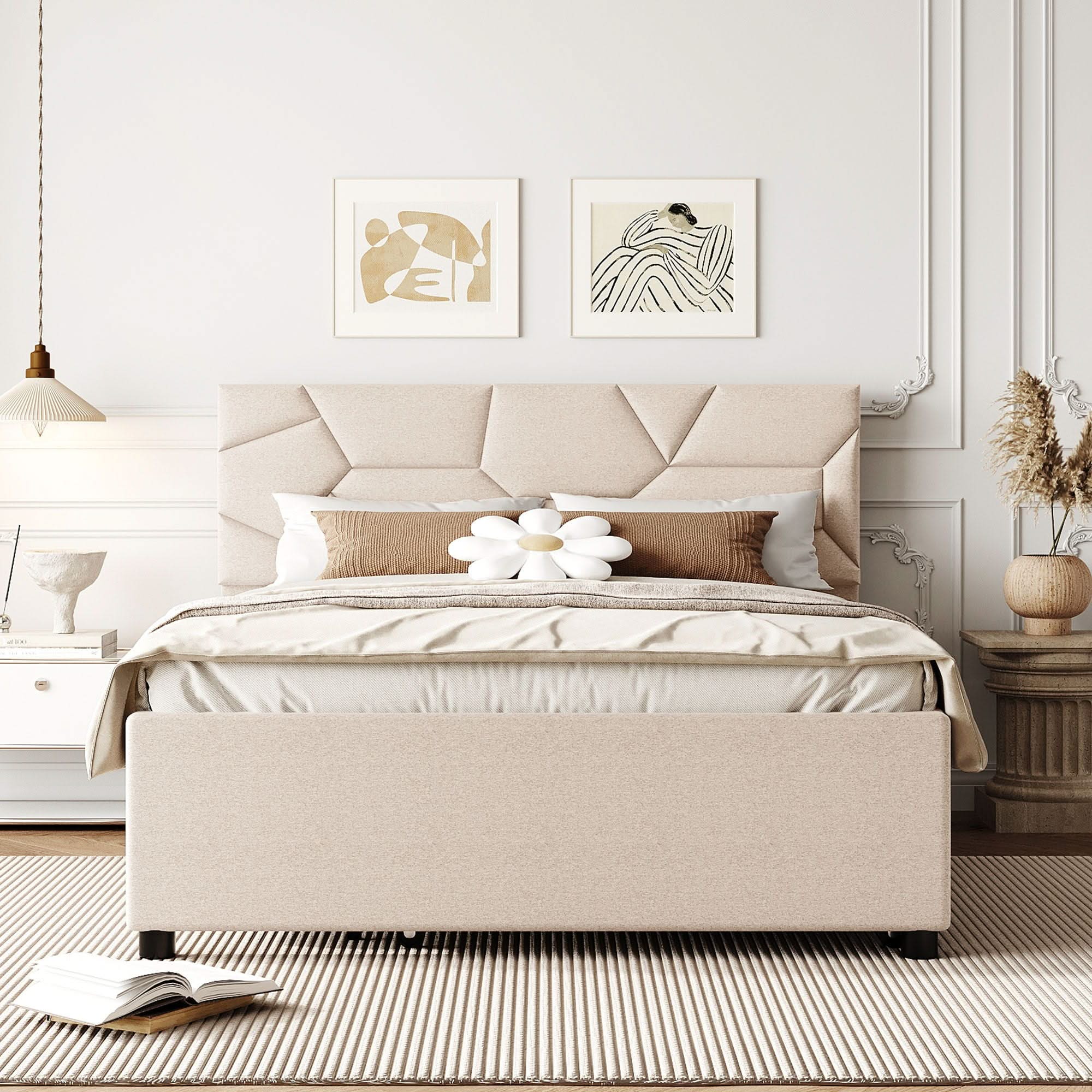Upholstered Platform Bed With Brick Pattern Headboard And Twin Long Size Trundle - Image 7