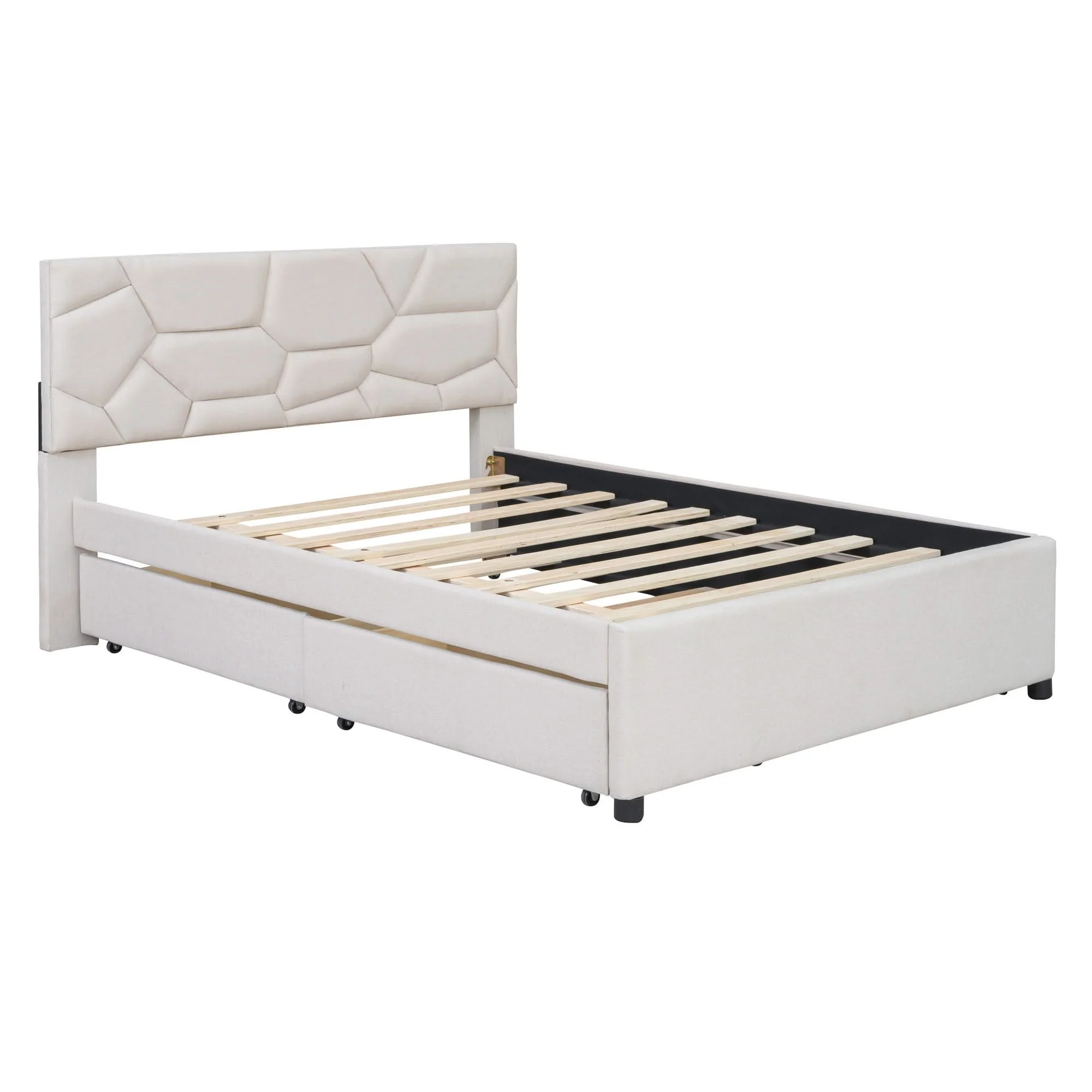 Upholstered Platform Bed With Brick Pattern Headboard And Twin Long Size Trundle - Image 8