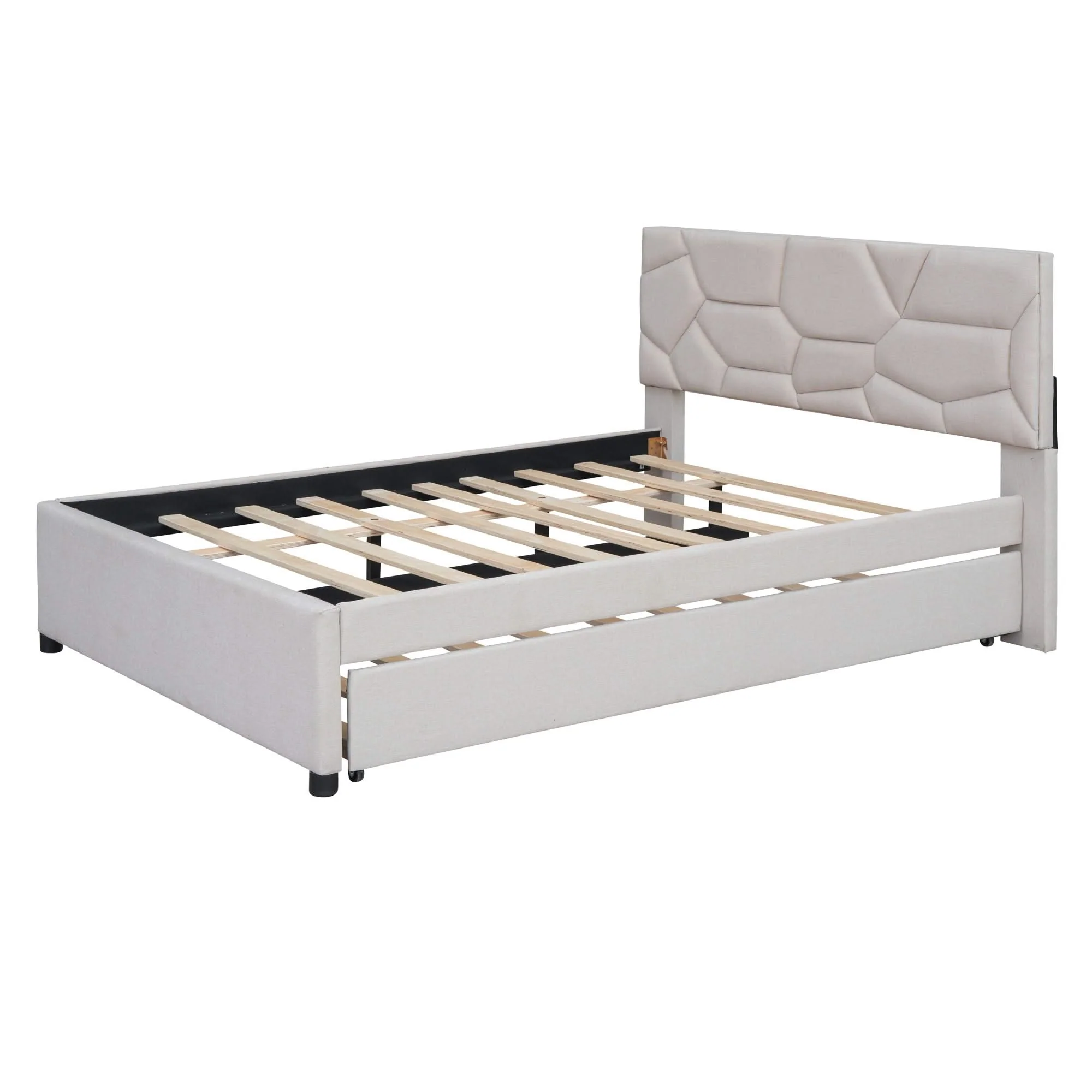 Upholstered Platform Bed With Brick Pattern Headboard And Twin Long Size Trundle - Image 9