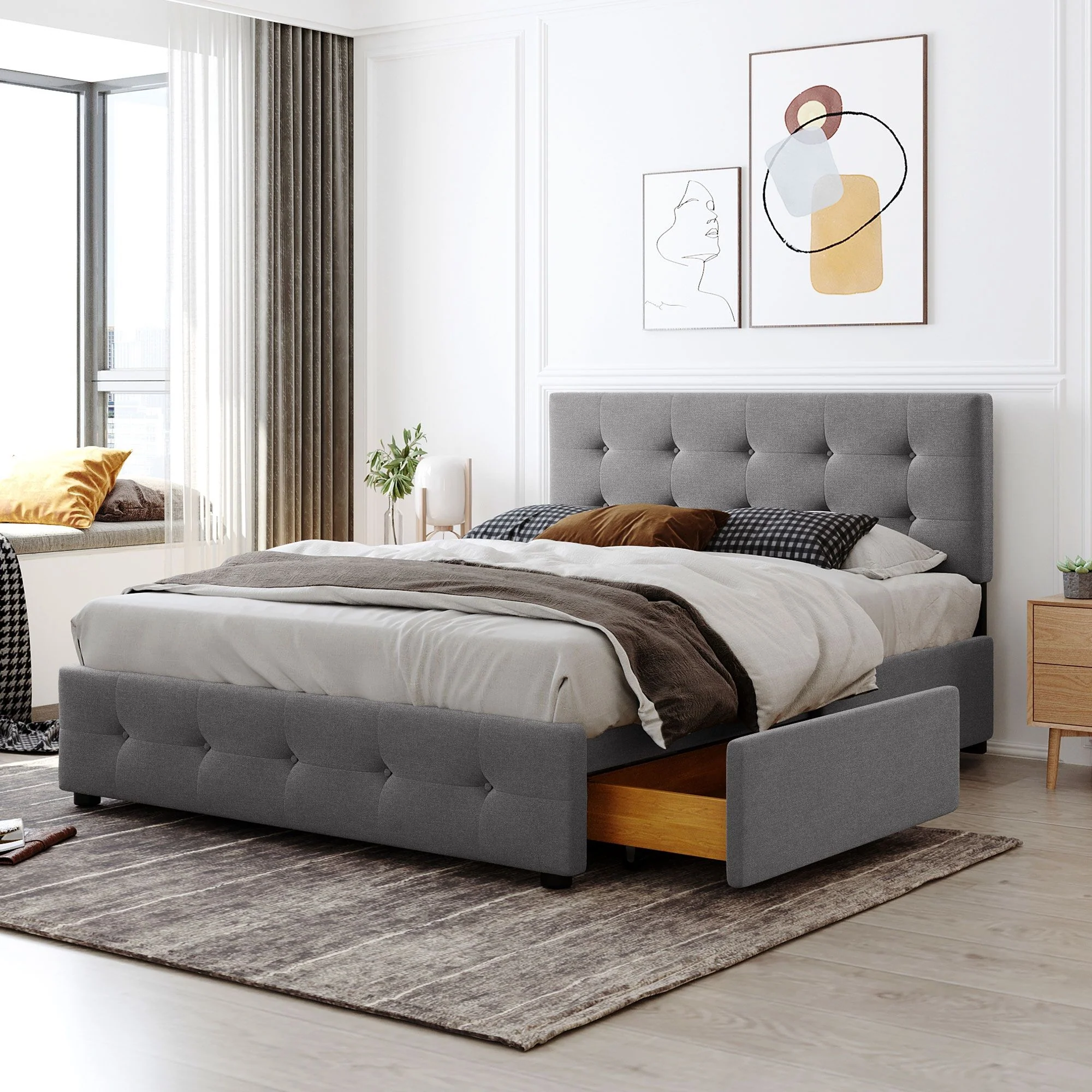Upholstered Platform Bed With Classic Headboard And Drawers, No Box Spring Needed - Image 4