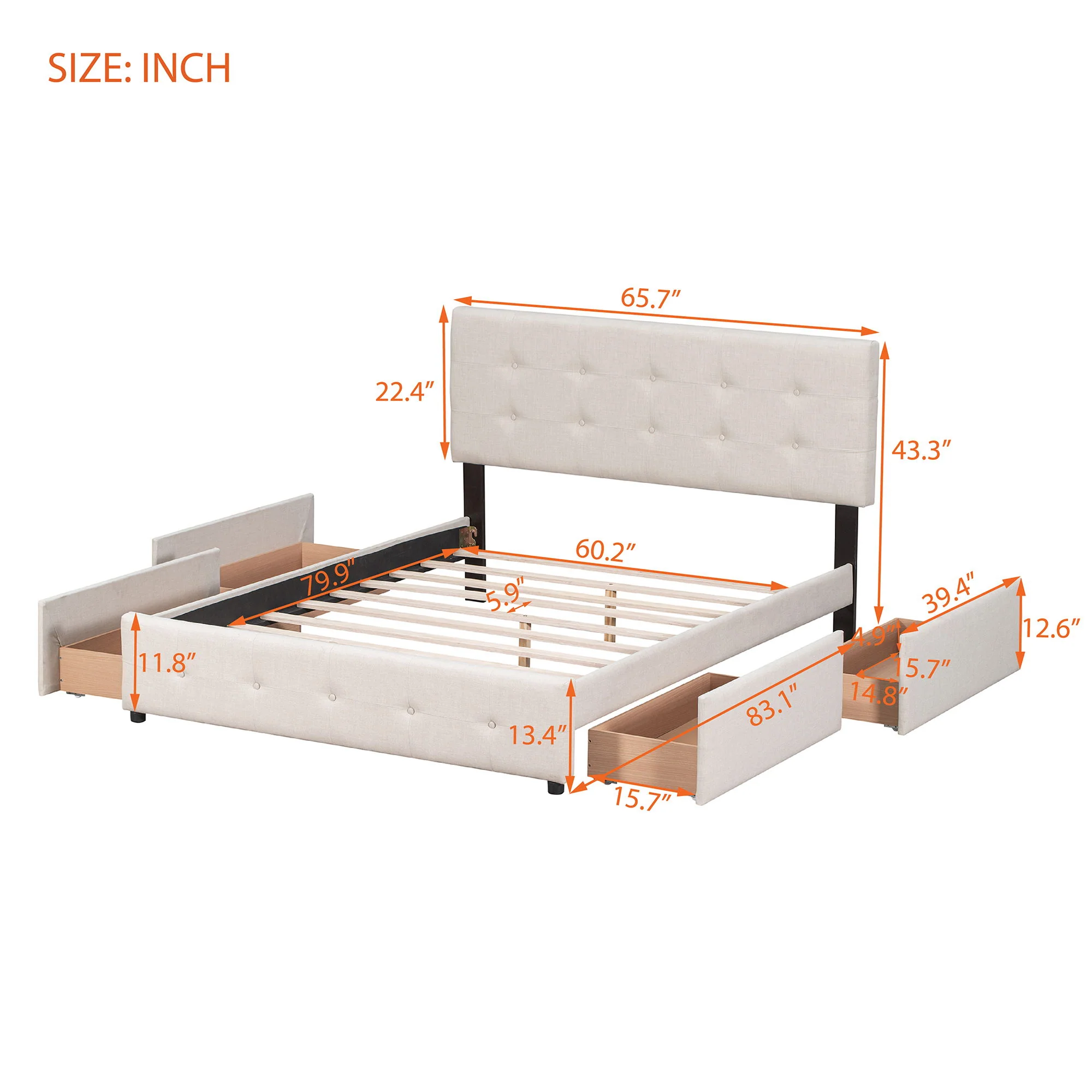 Upholstered Platform Bed With Classic Headboard And Drawers, No Box Spring Needed - Image 9