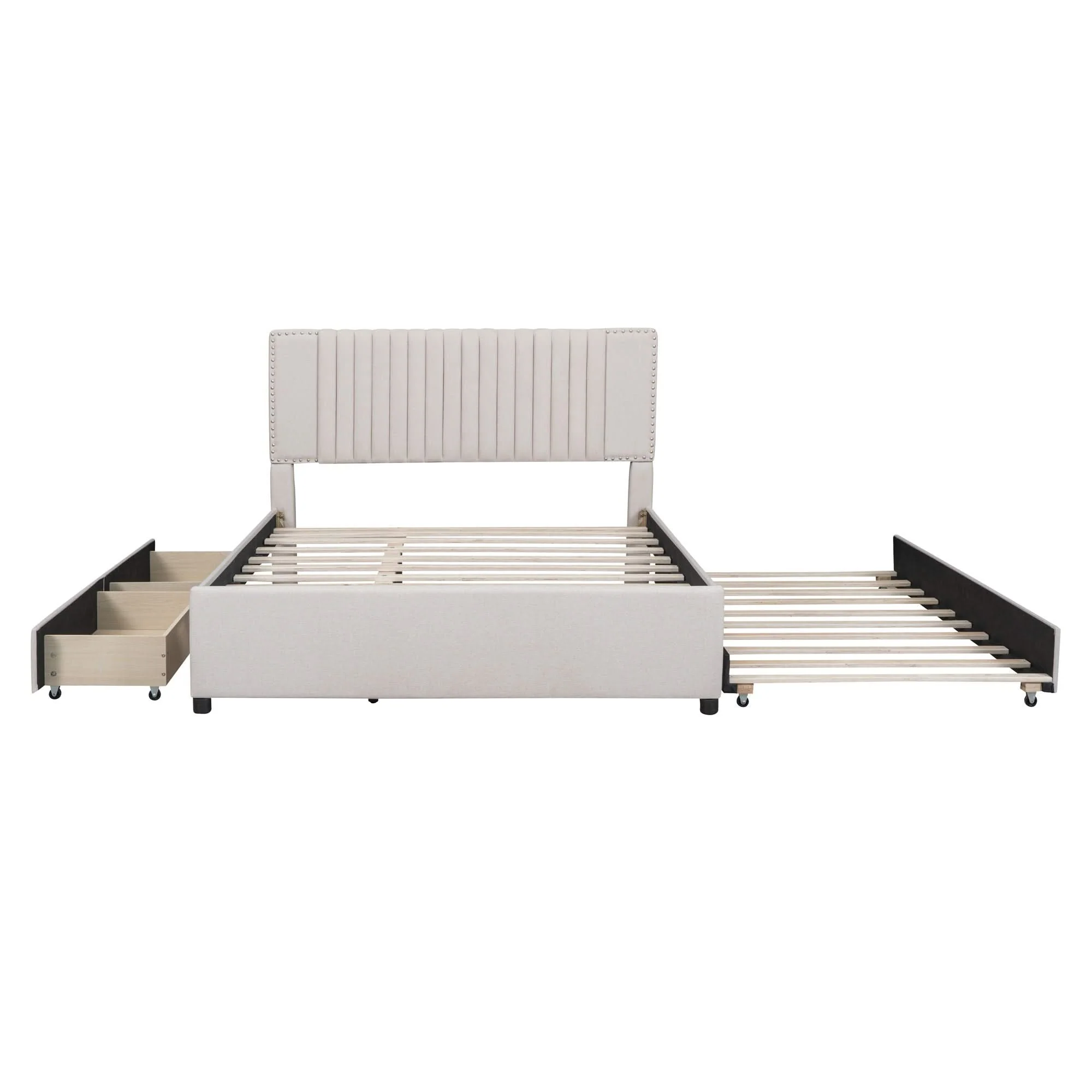 Upholstered Platform Bed With Drawers, Classic Headboard Design - Image 6