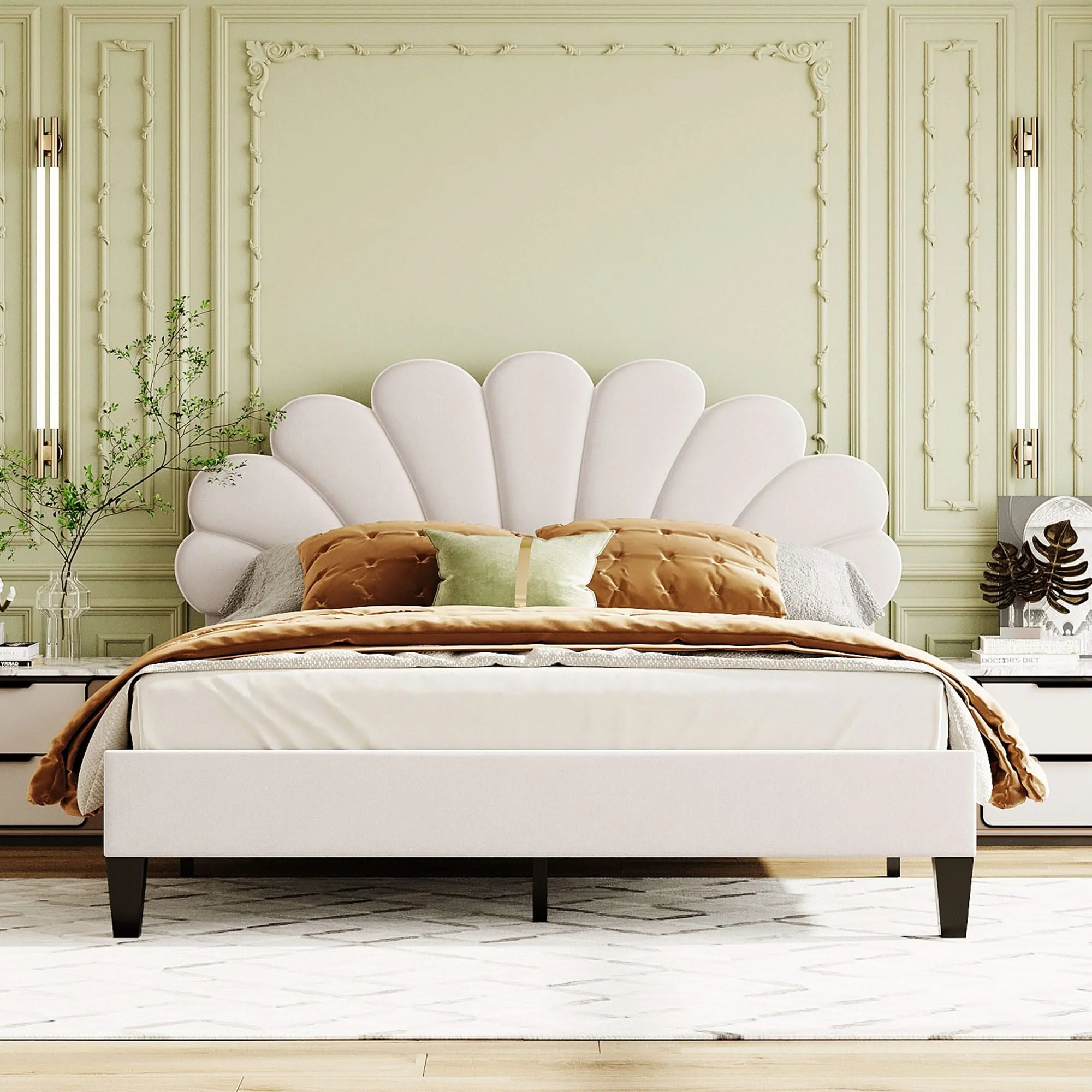 Upholstered Platform Bed With Flower Pattern Headboard - Image 13