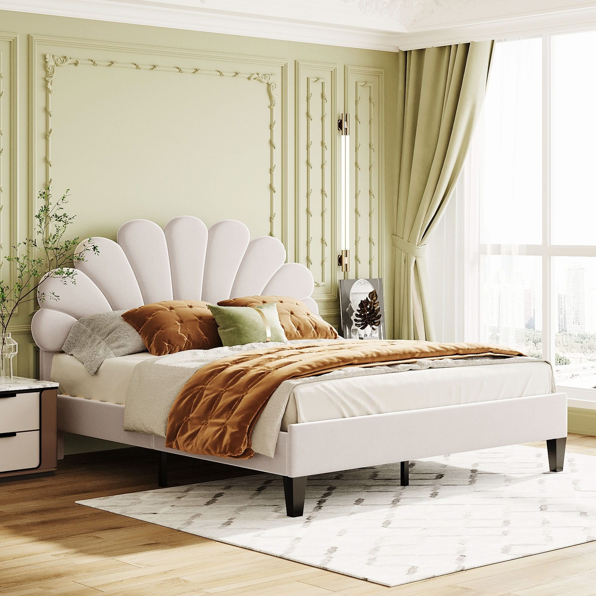 Upholstered Platform Bed With Flower Pattern Headboard - Image 2