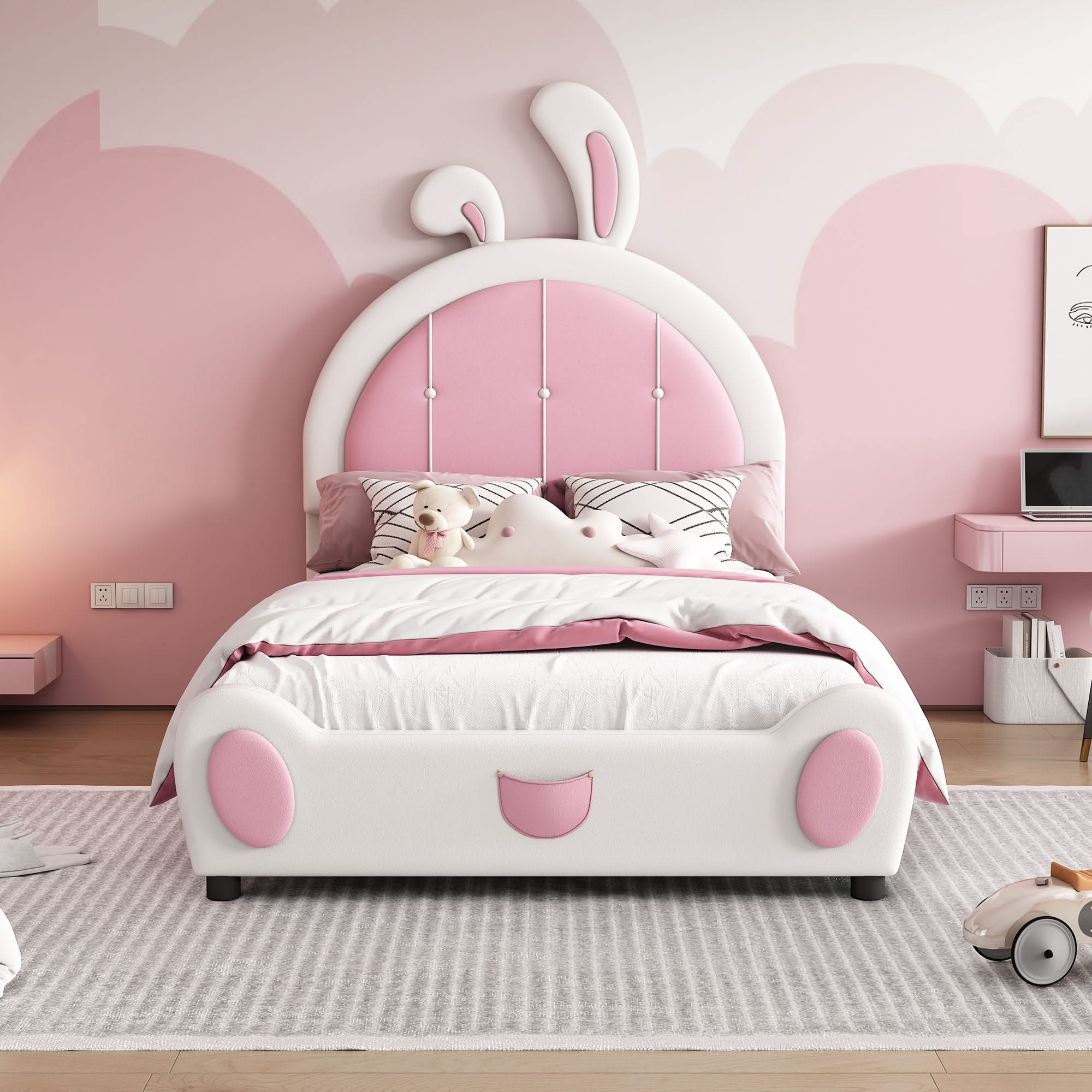 Upholstered Platform Bed With Rabbit Shaped Headboard - Image 3