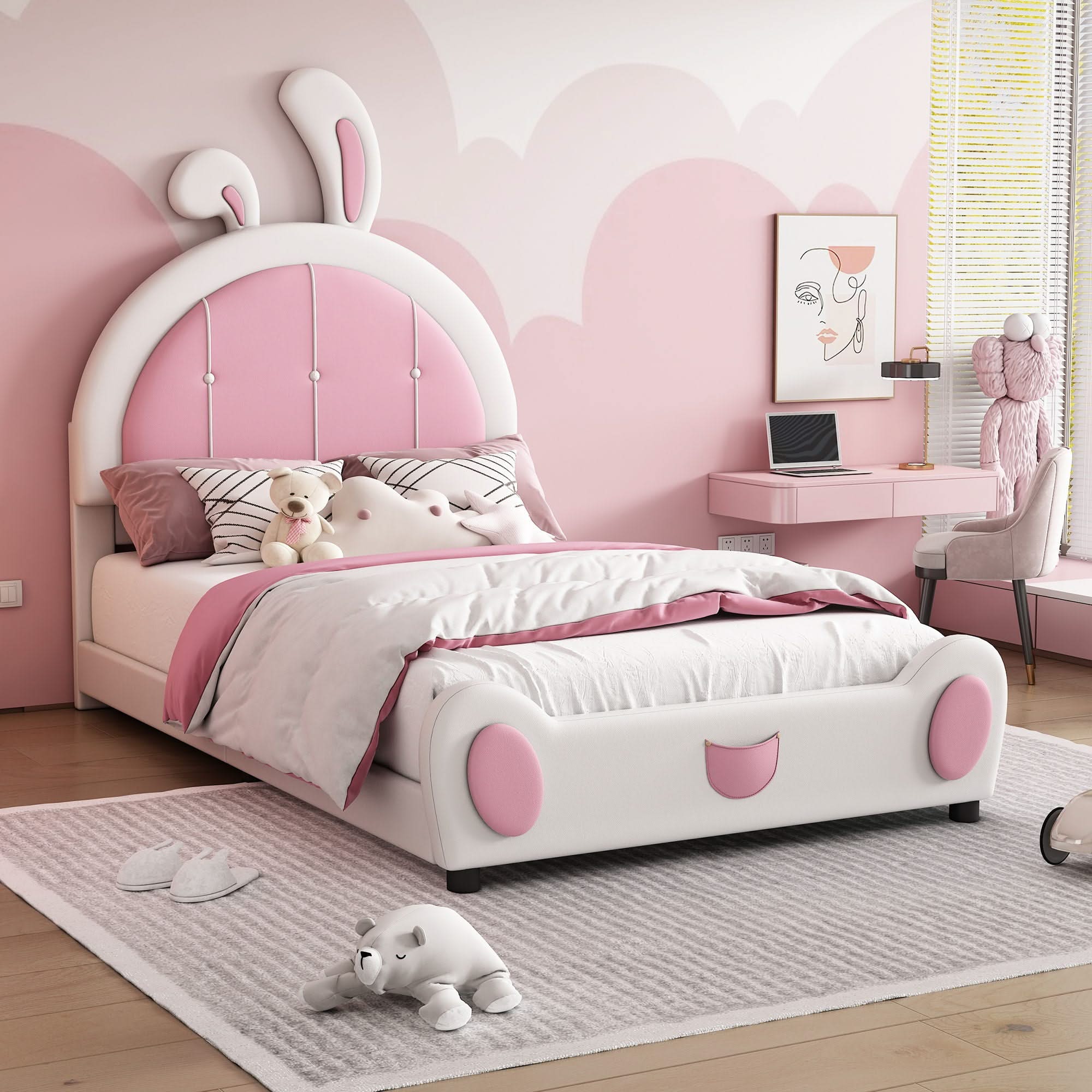 Upholstered Platform Bed With Rabbit Shaped Headboard - Image 4