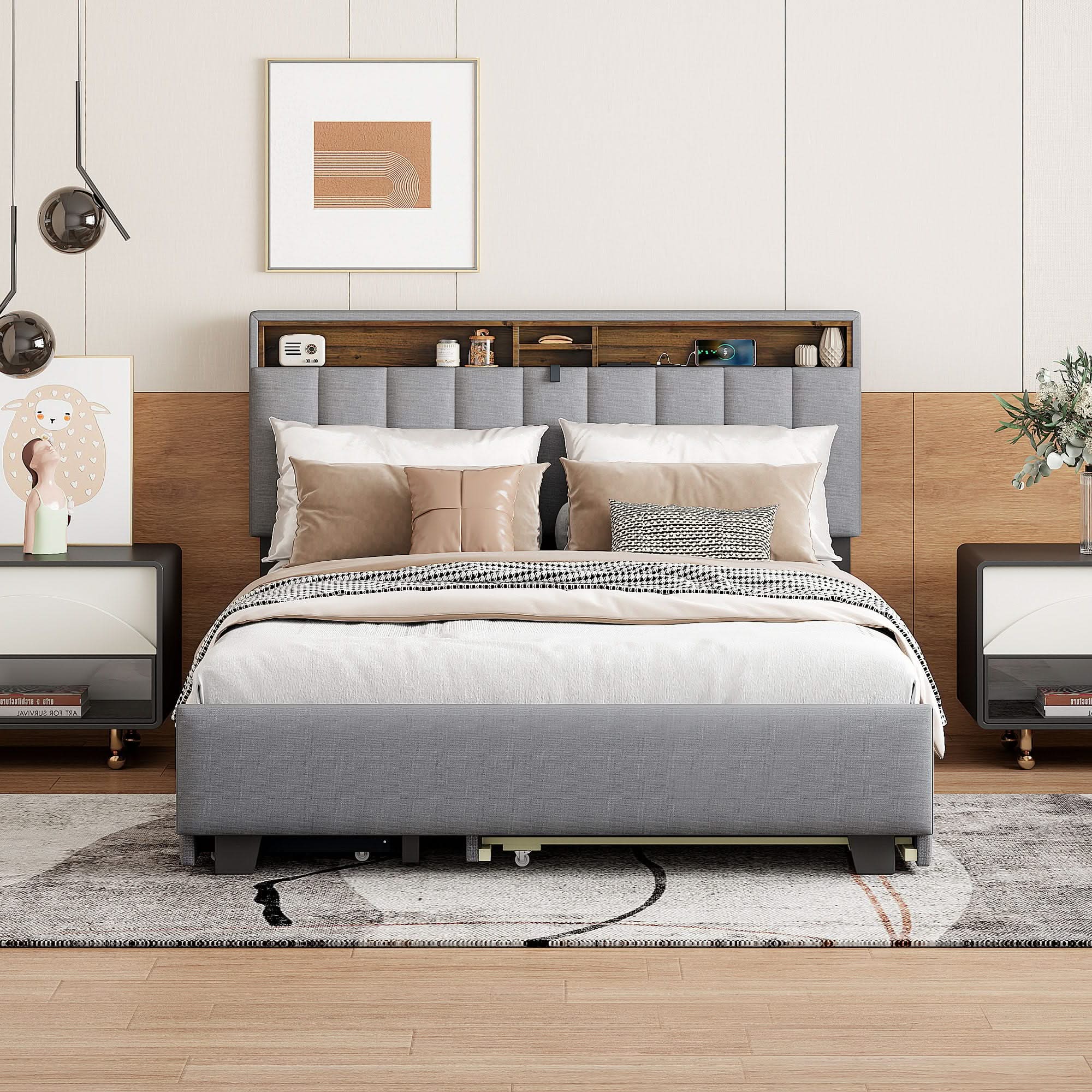 Upholstered Platform Bed With Storage Headboard, Trundle & 2 Drawers And A Set Of Sockets & USB Ports - Image 10